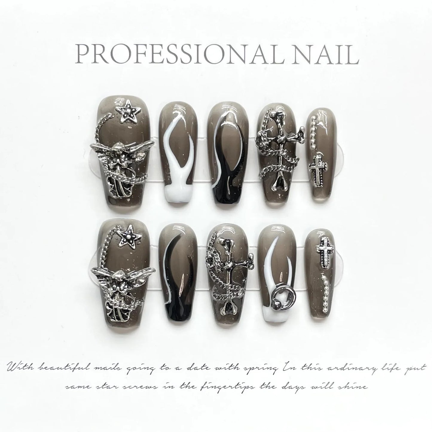 10pcs Y2k Black French Press On Nails Handmade Crocodile Pattern Five-point Star False Nails Metal Punk Style DIY Manicure Art