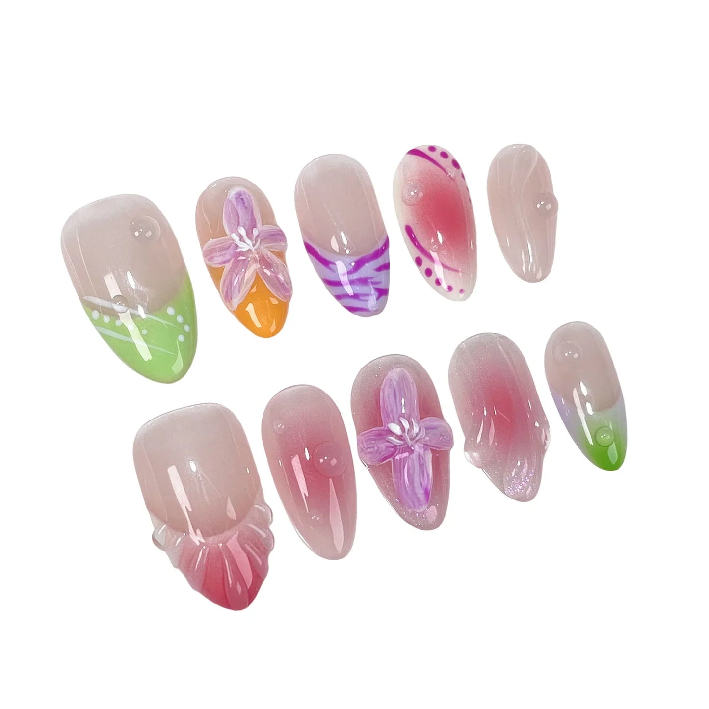 10pcs Blush Pink Press On Nails Handmade 3D Flower False Nail Patches Reusable French Style Glossy Almond Fake Nail Tips Art