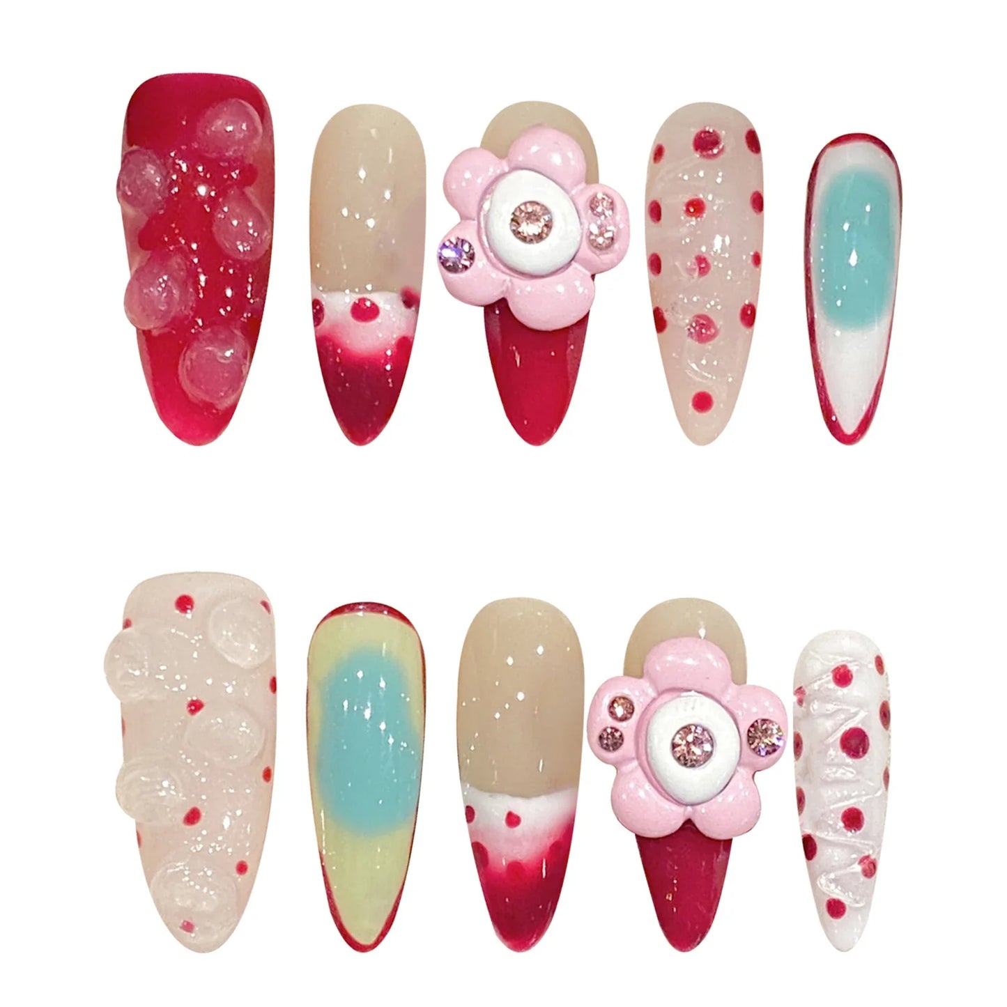 10 uñas postizas francesas rojas, brillantes, rosa rubor, hechas a mano, con diseños florales 3D, reutilizables, largas, almendradas.