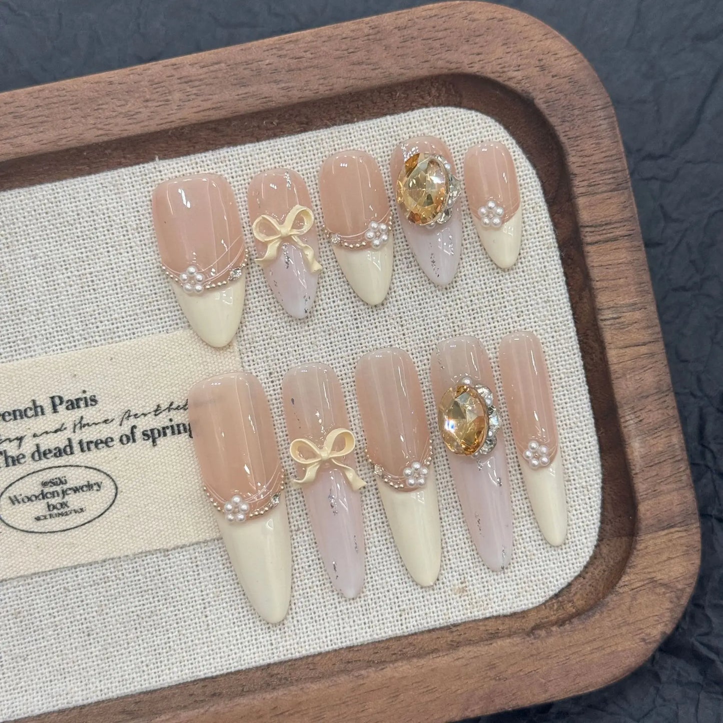 10pcs Cream Yellow French Style False Nail Summer Sequins Bowknots Rhinestone Decor Handmade Press On Nails Gentle Almond Nail