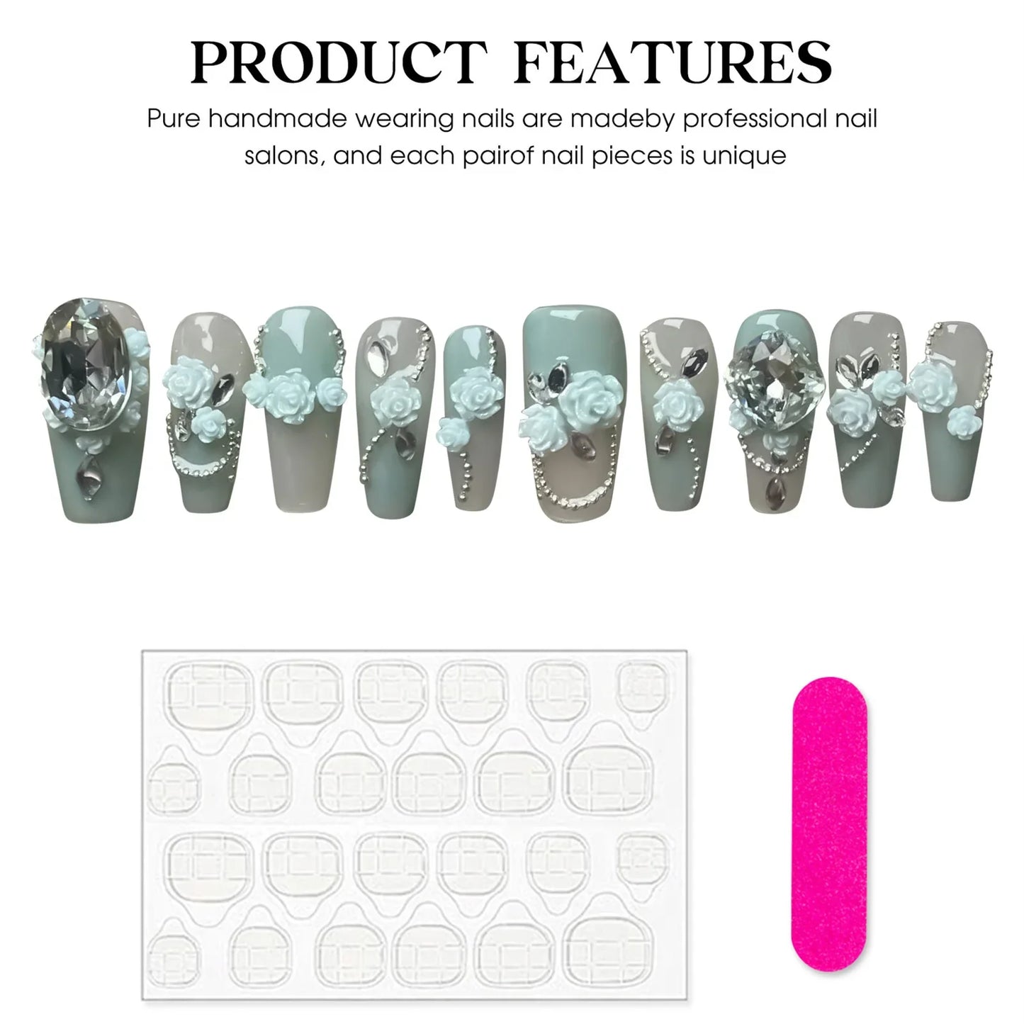 10pcs 3D Flower Press On Nails Handmade Gradient Freen False Nail Patches Medium Length Square Fake Nail Tips Wearable Manicure