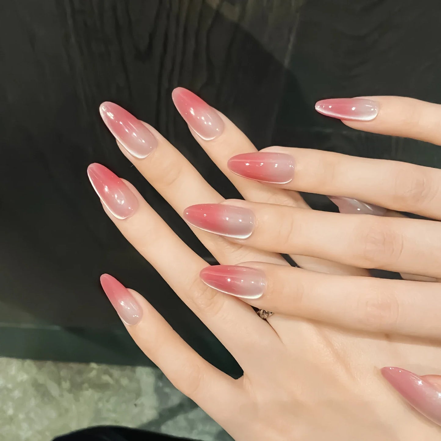 10 parches de uñas postizas con degradado de rubor, estilo ojo de gato, almendra, estilo francés, hechos a mano, para manicura sencilla DIY.