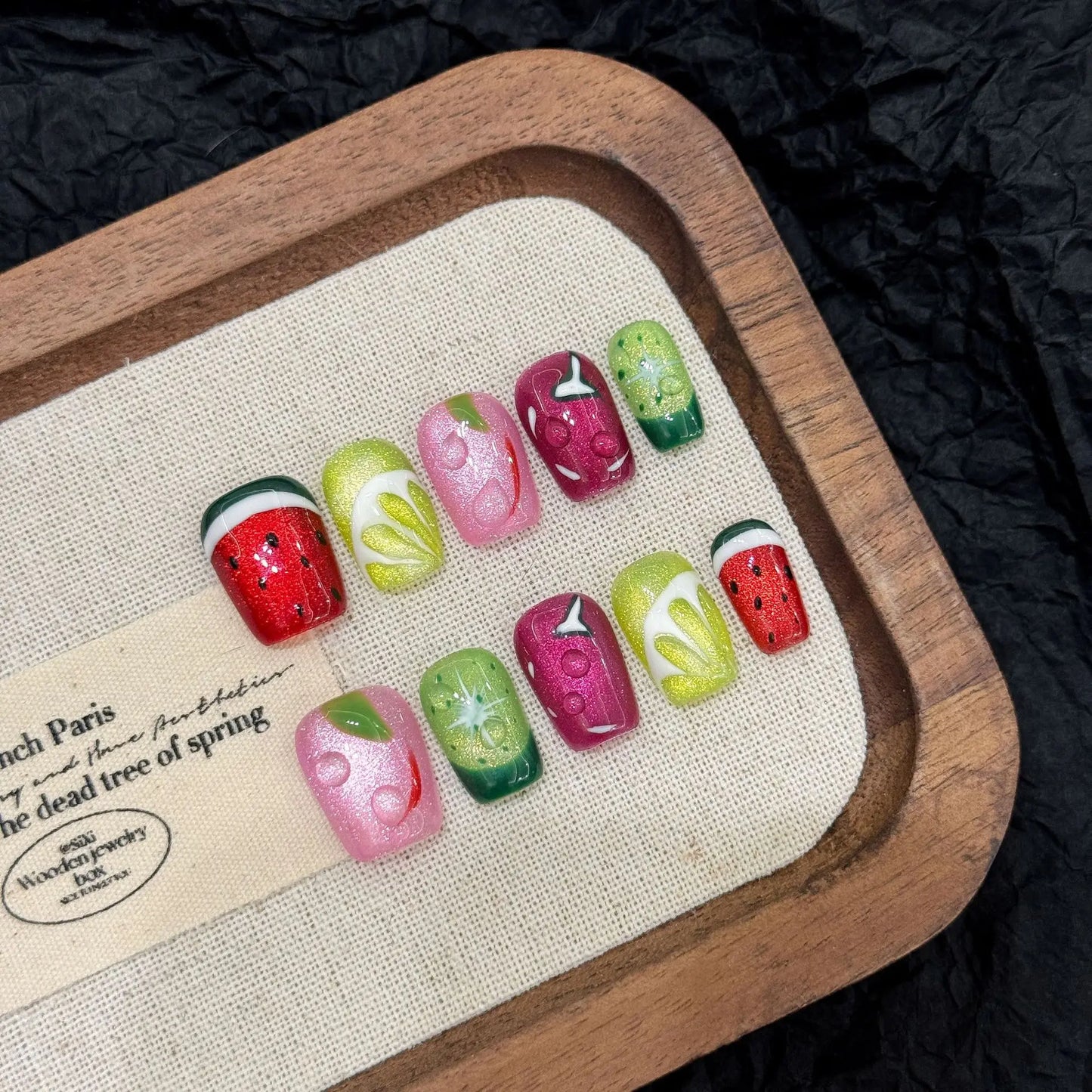 10 uñas postizas de verano con diseño de frutas y purpurina, hechas a mano, con diseño de ojo de gato, estilo hawaiano, con dopamina.
