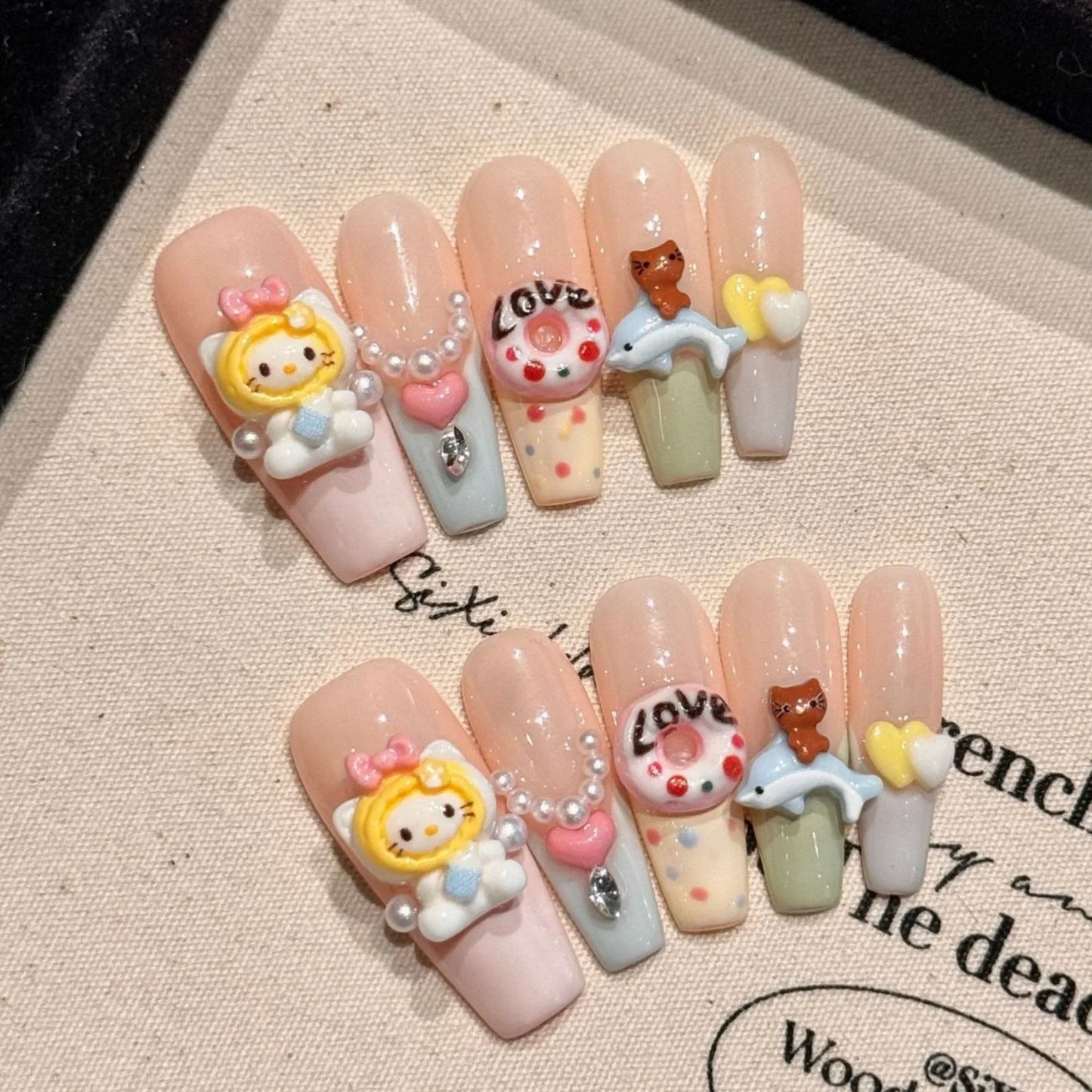 10 uñas postizas Kapibala hechas a mano, color rosa rubor, pintadas a mano, estilo francés, con lazos decorativos, uñas postizas para usar.
