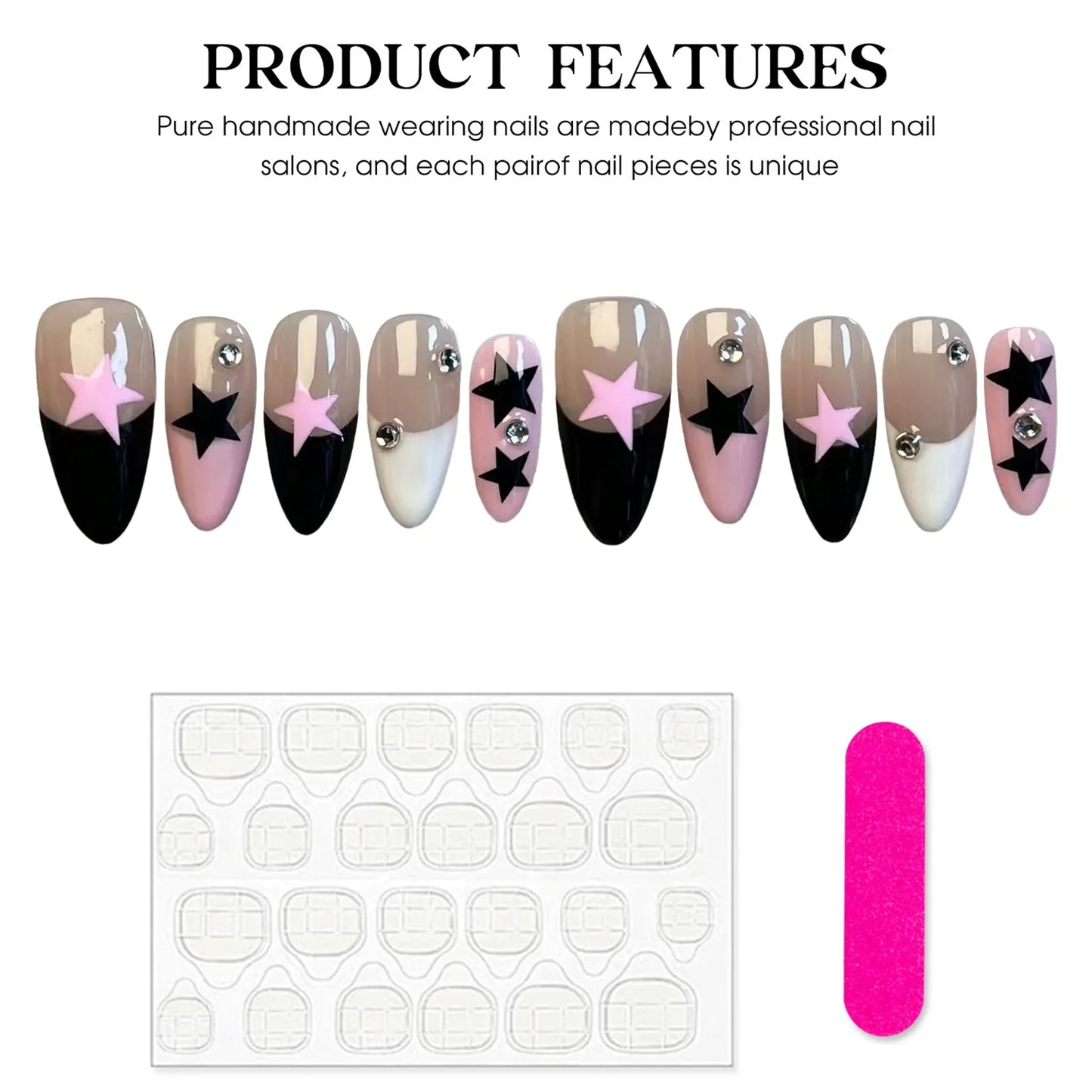 10 Stück handgefertigte Press-On-Nägel, Schwarz, Weiß, Rosa, französischer Stil, falsche Nägel, Paches, Stern-Designs, tragbar, Mandel-Gefälschte Nägel für Frauen