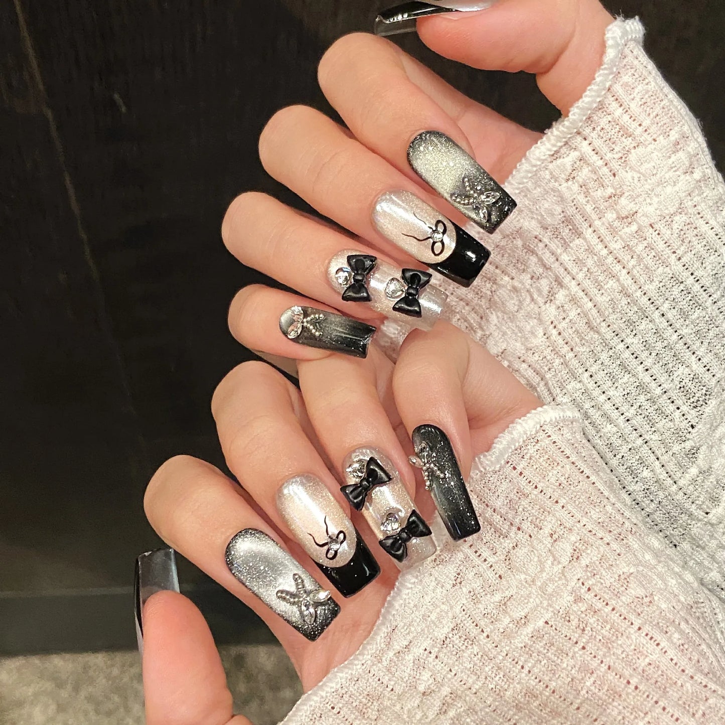 10pcs Black French Handmade Fake Nails Y2k Black Bowknots Butterfly Diamond Press On Nail Glossy Cat Eye Sweet Cool False Nails