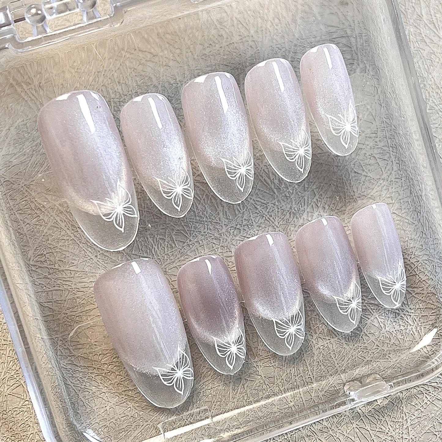 10 uñas postizas de almendra hechas a mano, con diseño de ojo de gato, color blanco, estilo francés, desmontables, para mujer.
