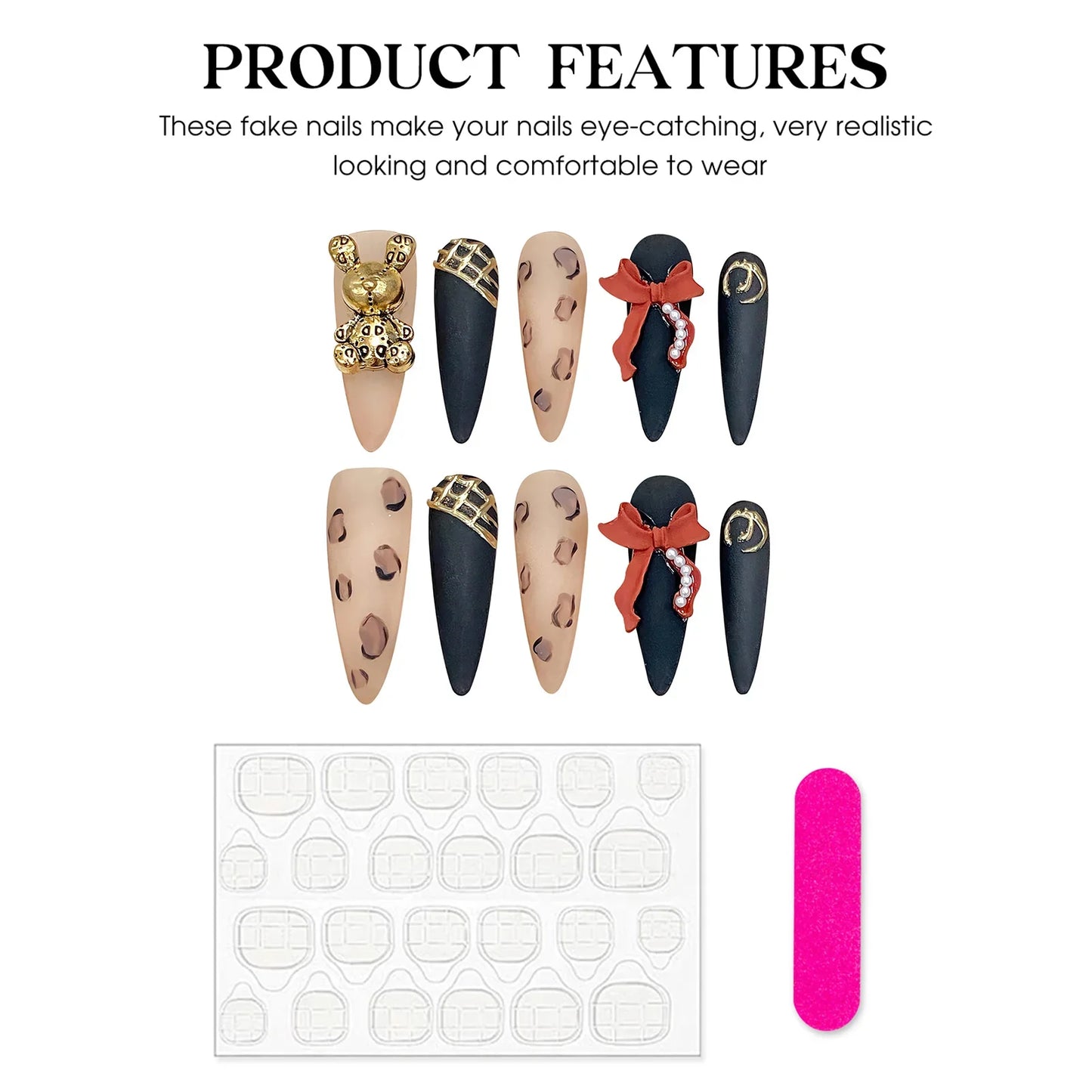 10 uñas postizas con estampado de leopardo, diseño de oso dorado 3D, lazo rojo, estilo barroco, hechas a mano, de lujo, largas y pesadas, con punta de aguja.