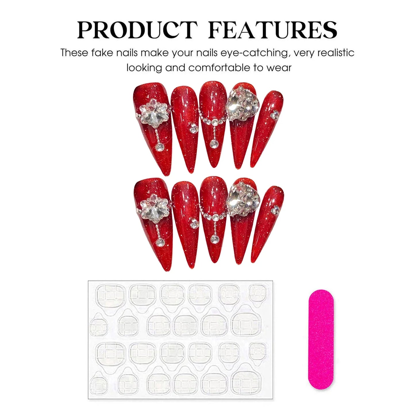 10 uñas postizas rojas hechas a mano, largas, estilo punk, con diseño de flores de diamante brillante Y2K, parches para uñas postizas.