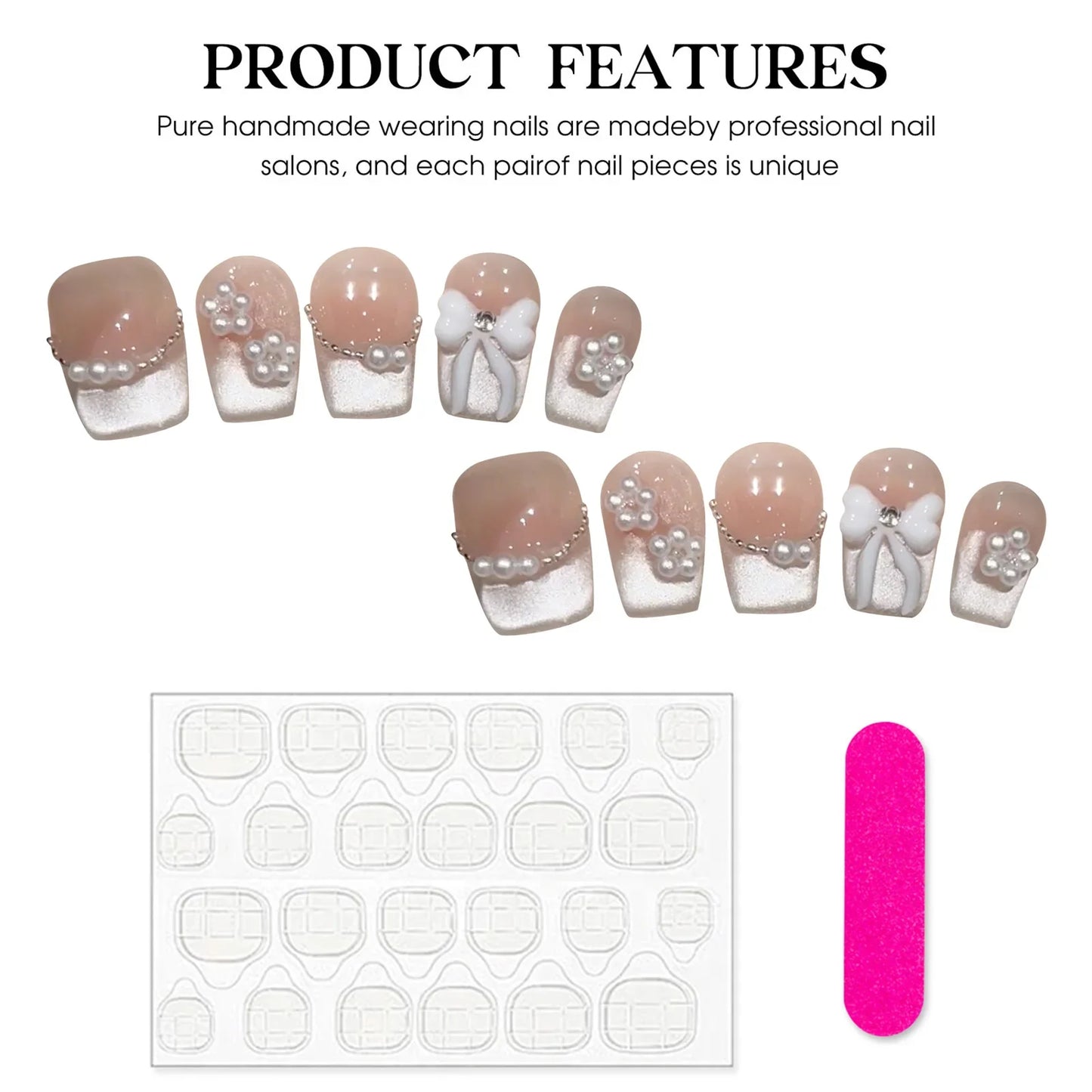 10 Stück handgefertigte nackte künstliche Nägel, erröten rosa, glänzendes Katzenauge, zum Aufdrücken der Nägel, Schleifendesign, französische künstliche Nägel, wiederverwendbare Maniküre