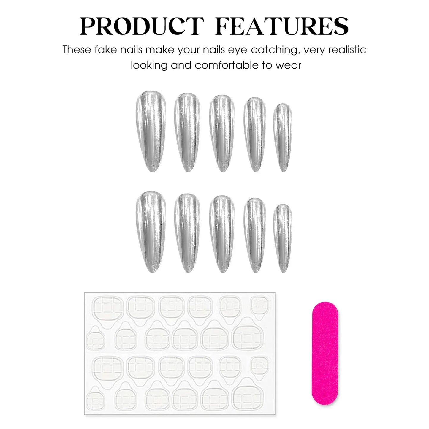10 uñas postizas plateadas hechas a mano, brillantes, largas, almendradas, cobertura completa, estilo bailarina, para niñas.