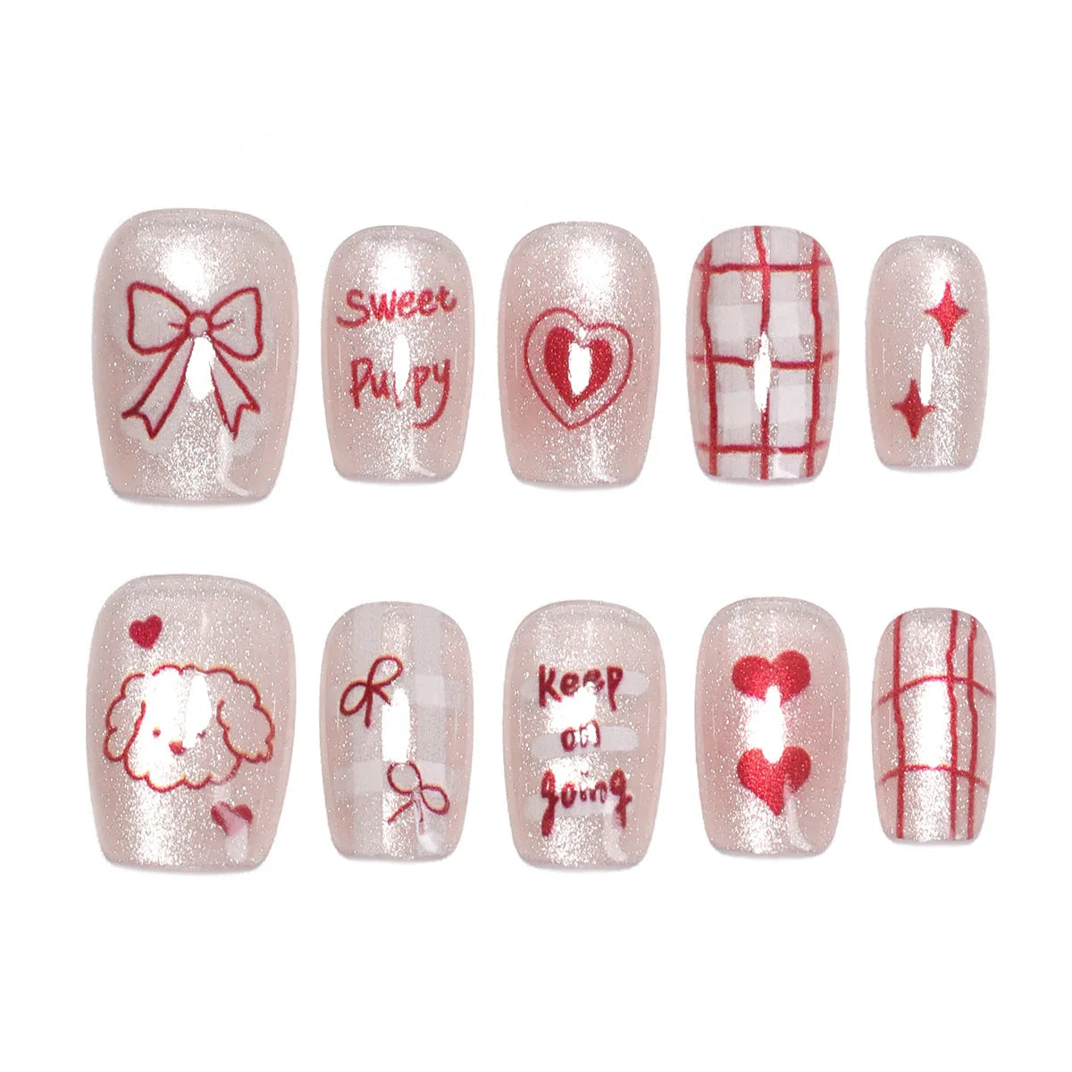 10 uñas postizas hechas a mano con diseño de perro kawaii, diseño de ojo de gato, lazos rojos, diseño de corazón, uñas postizas encantadoras.