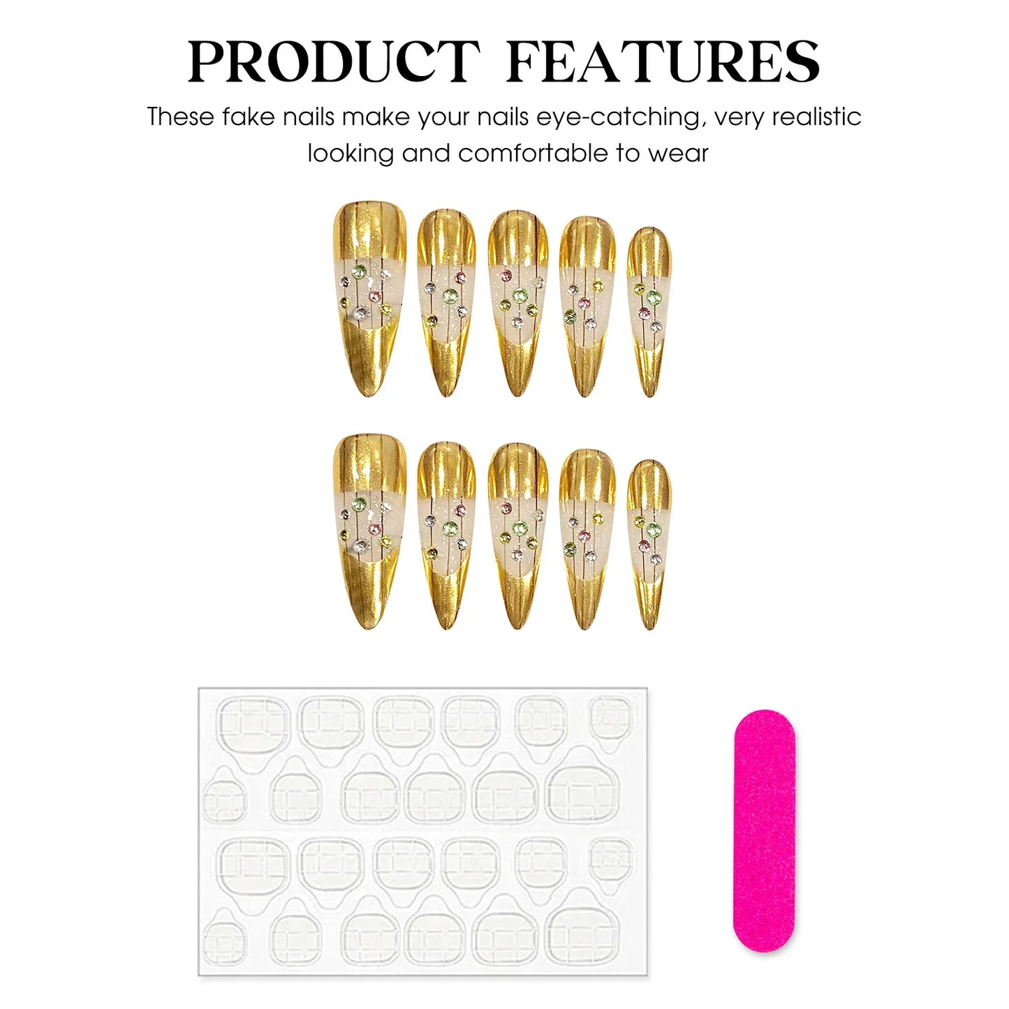 10 uñas postizas doradas hechas a mano, ligeras y lujosas, con diseños de diamantes brillantes, parches de uñas postizas almendradas largas desmontables.
