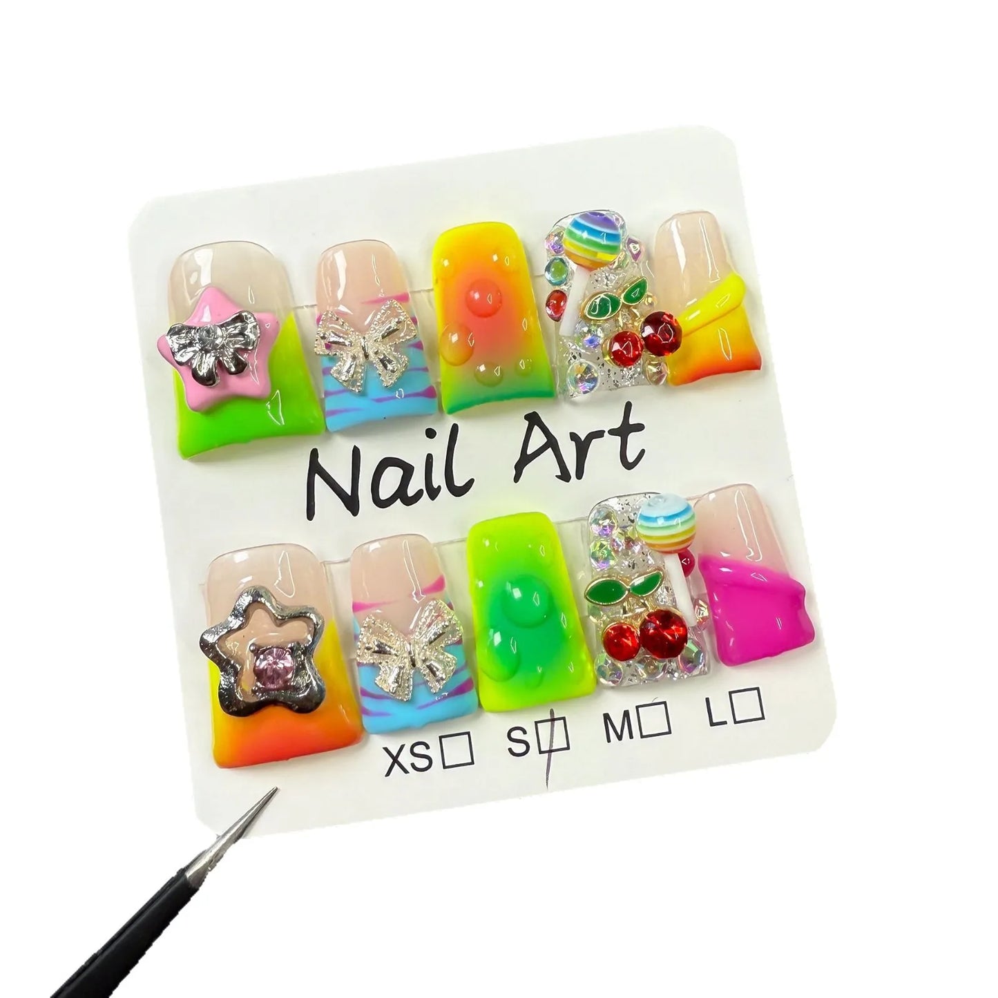 10pcs Colorful French Style Handmade Fake Nails Shiny Diamond Cherry Star Lolipop Butterfly Press On Nails Sweet Cool False Nail