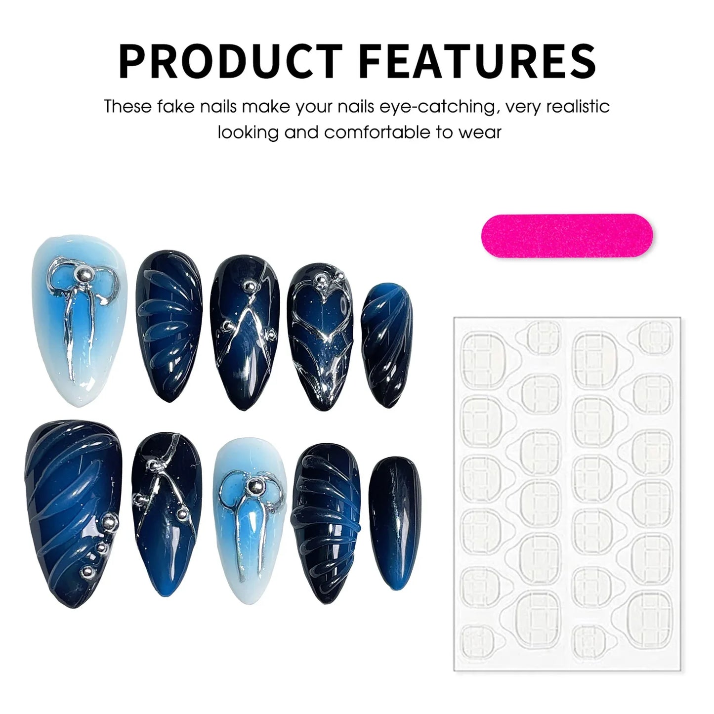 10 uñas postizas hechas a mano con degradado de rubor azul, ondas de agua 3D, lazos, decoración, estilo Y2k, manicura almendra usable.