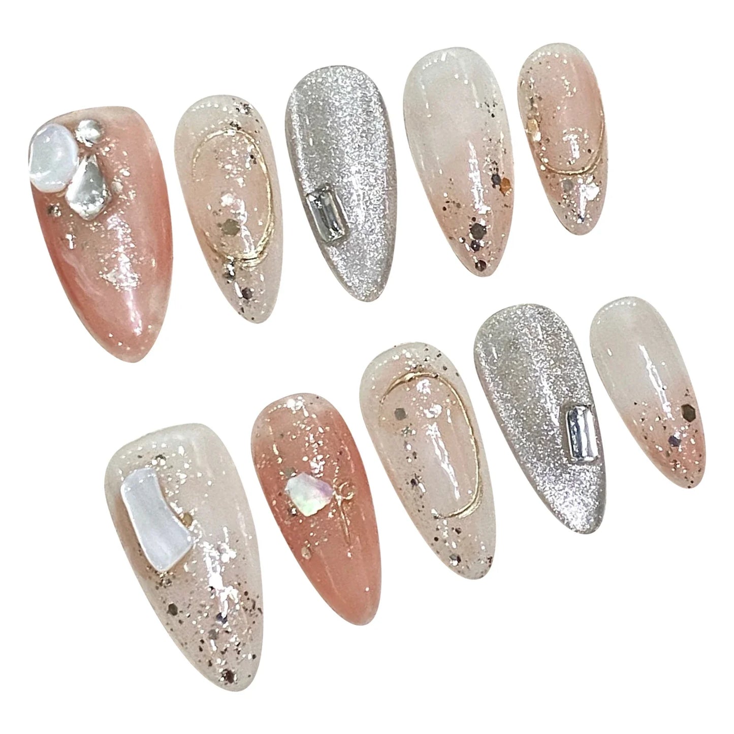 10 uñas postizas de almendra hechas a mano con purpurina, diseño de ojo de gato, con lentejuelas y brillantes.