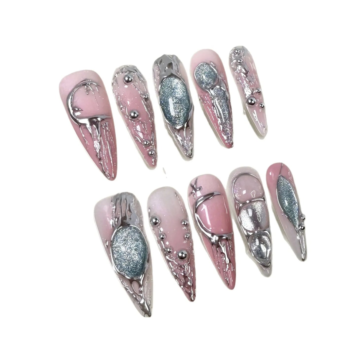 10 uñas postizas largas de ballet, estilo barroco, hechas a mano, con degradado rosa y plateado, estilo almendrado.