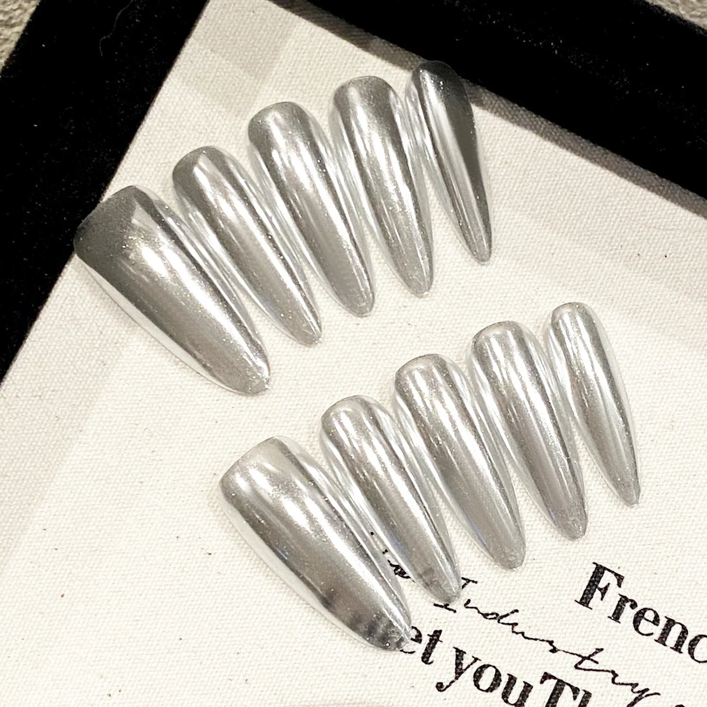 10 uñas postizas plateadas hechas a mano, brillantes, largas, almendradas, cobertura completa, estilo bailarina, para niñas.