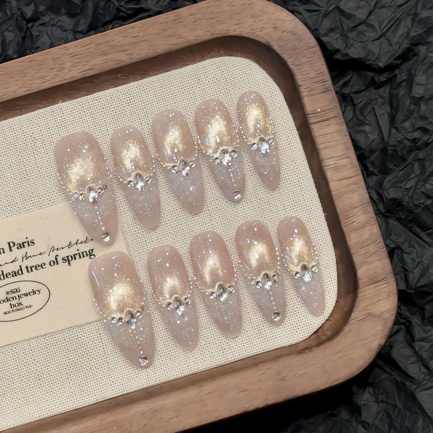 10 uñas postizas francesas con lentejuelas brillantes, punta a presión, rubor, almendra larga, brillo, decoración de diamantes, hechas a mano, de lujo.
