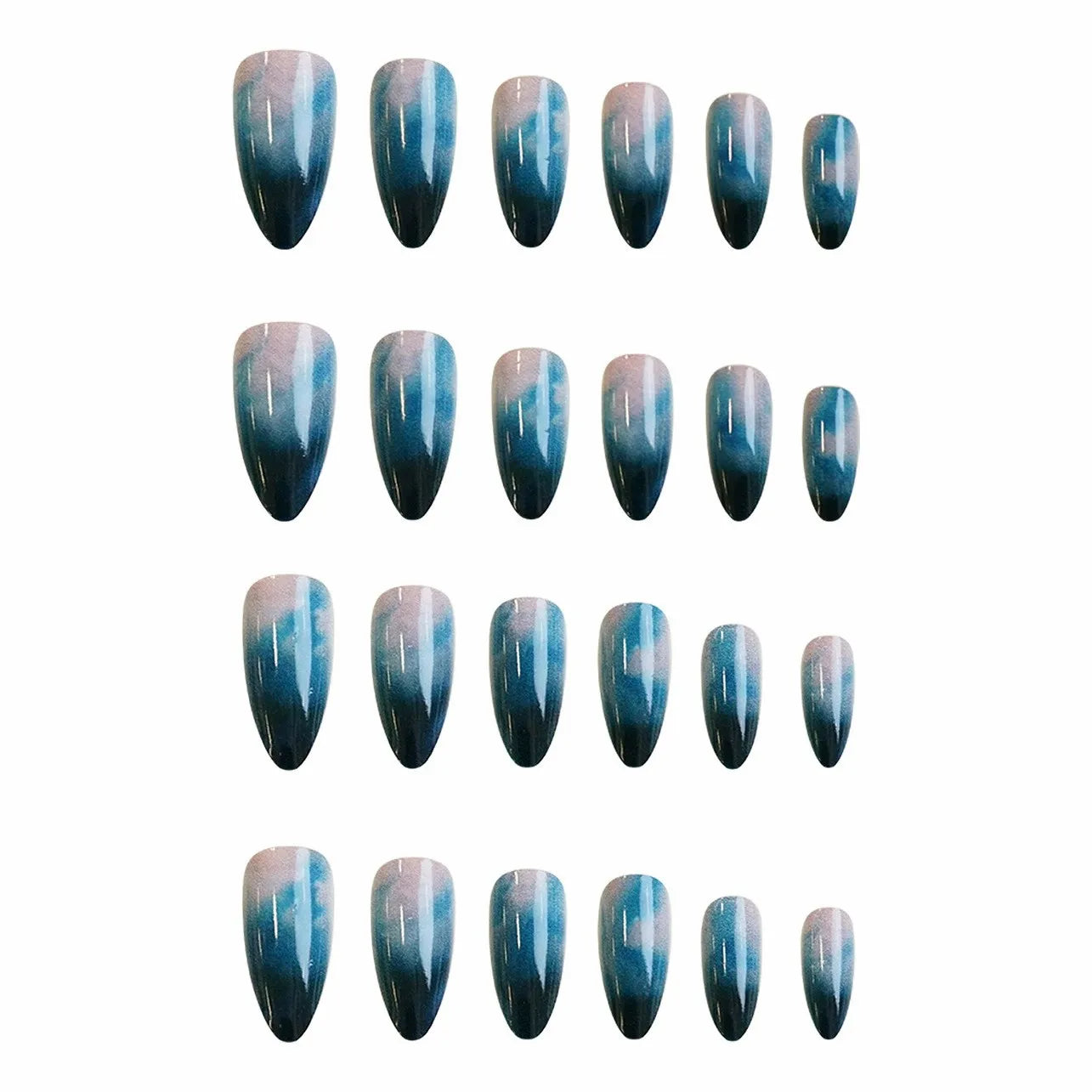 24 uñas postizas ovaladas con degradado azul oscuro, uñas postizas francesas suaves con efecto manchado, uñas artificiales cortas almendradas, fáciles de usar.