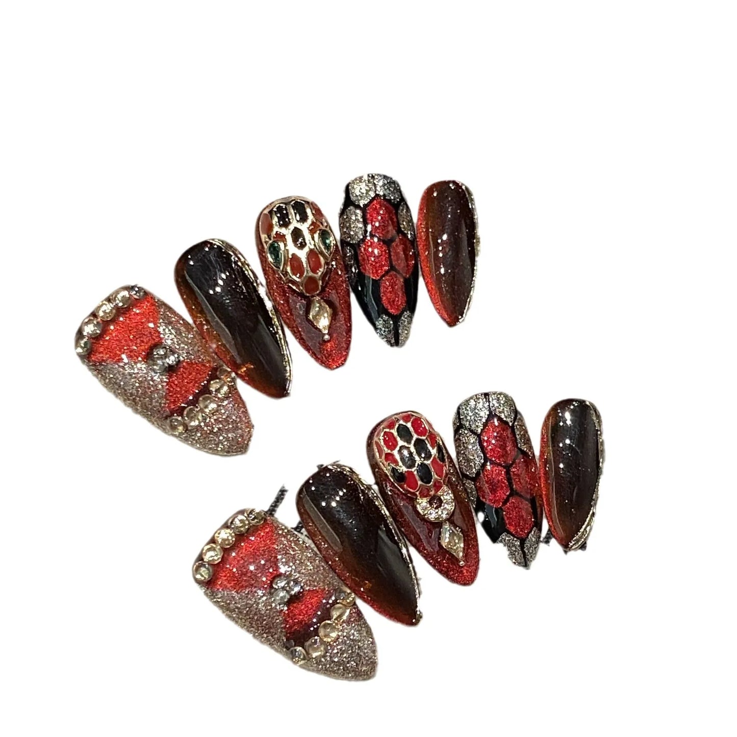 10 uñas postizas hechas a mano para chicas atractivas, diseño de almendra roja oscura con polvo brillante y decoración de diamantes brillantes.