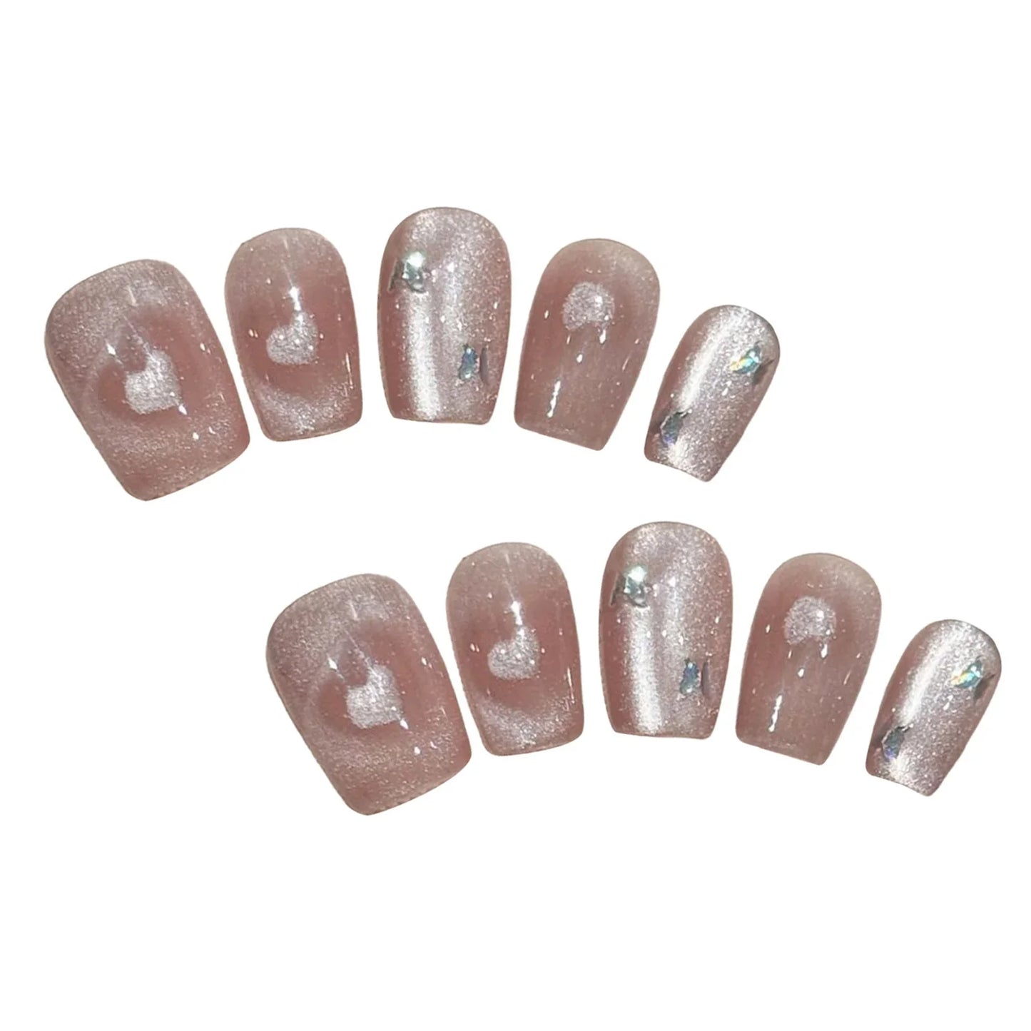 10 Stück handgefertigte Press-On-Nägel, Glitzer, Rosa, Liebesherz, Katzenauge, künstliche Nagelspitzen, vollständige Abdeckung, modische künstliche Nägel für Frauen und Mädchen