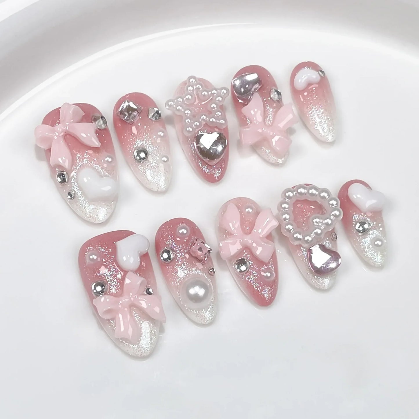 10pcs White French Handmade False Nails 3D Bowknots Designs Press On Nails Rose Pink Detachable Almond Fake Nail Patches