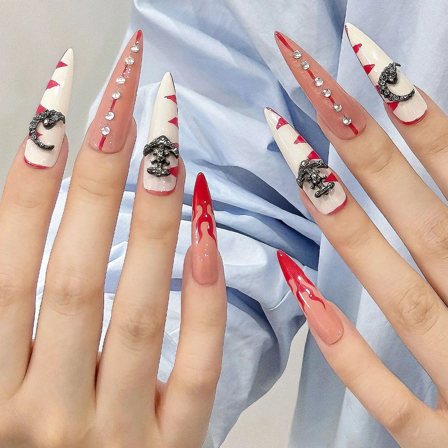 10 uñas postizas largas de aguja, hechas a mano, estilo francés, color rojo, blanco brillante, con purpurina, decoración de diamantes, reutilizables.