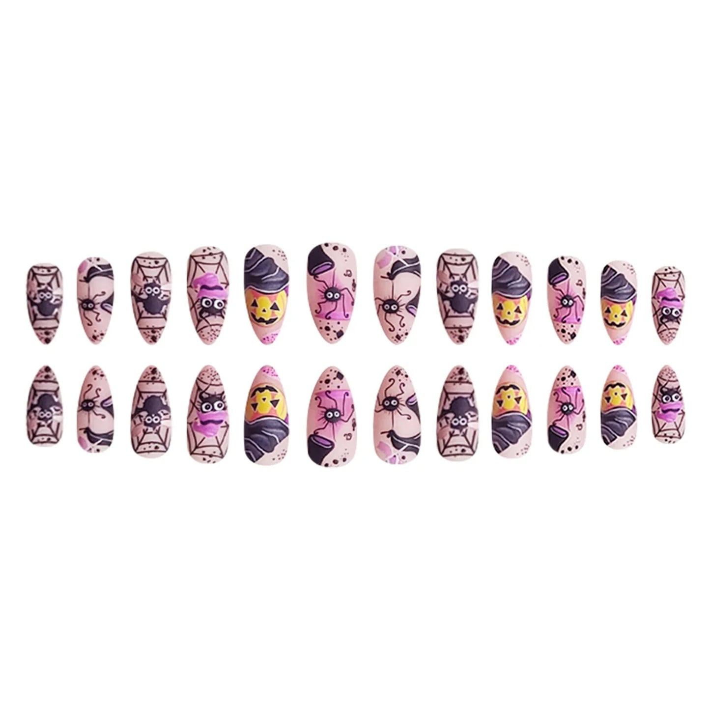 24 parches de uñas postizas de almendra para usar, con temática de Halloween, con diseño de araña bailando, murciélago y calabaza, manicura DIY.