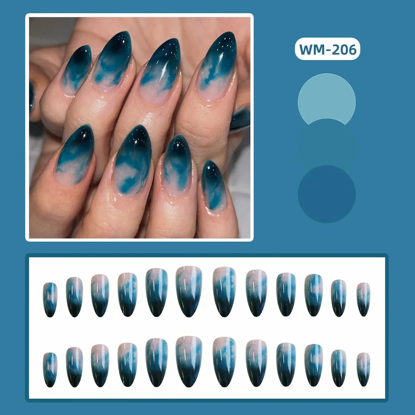 24 uñas postizas ovaladas con degradado azul oscuro, uñas postizas francesas suaves con efecto manchado, uñas artificiales cortas almendradas, fáciles de usar.