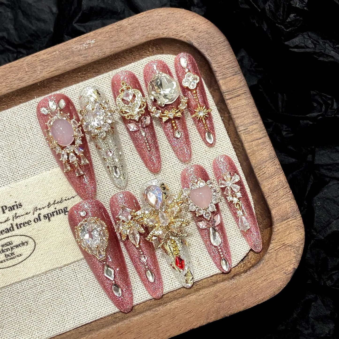 10 uñas postizas románticas rosas brillantes hechas a mano, de lujo, con cristales de imitación brillantes, para usar en uñas postizas.