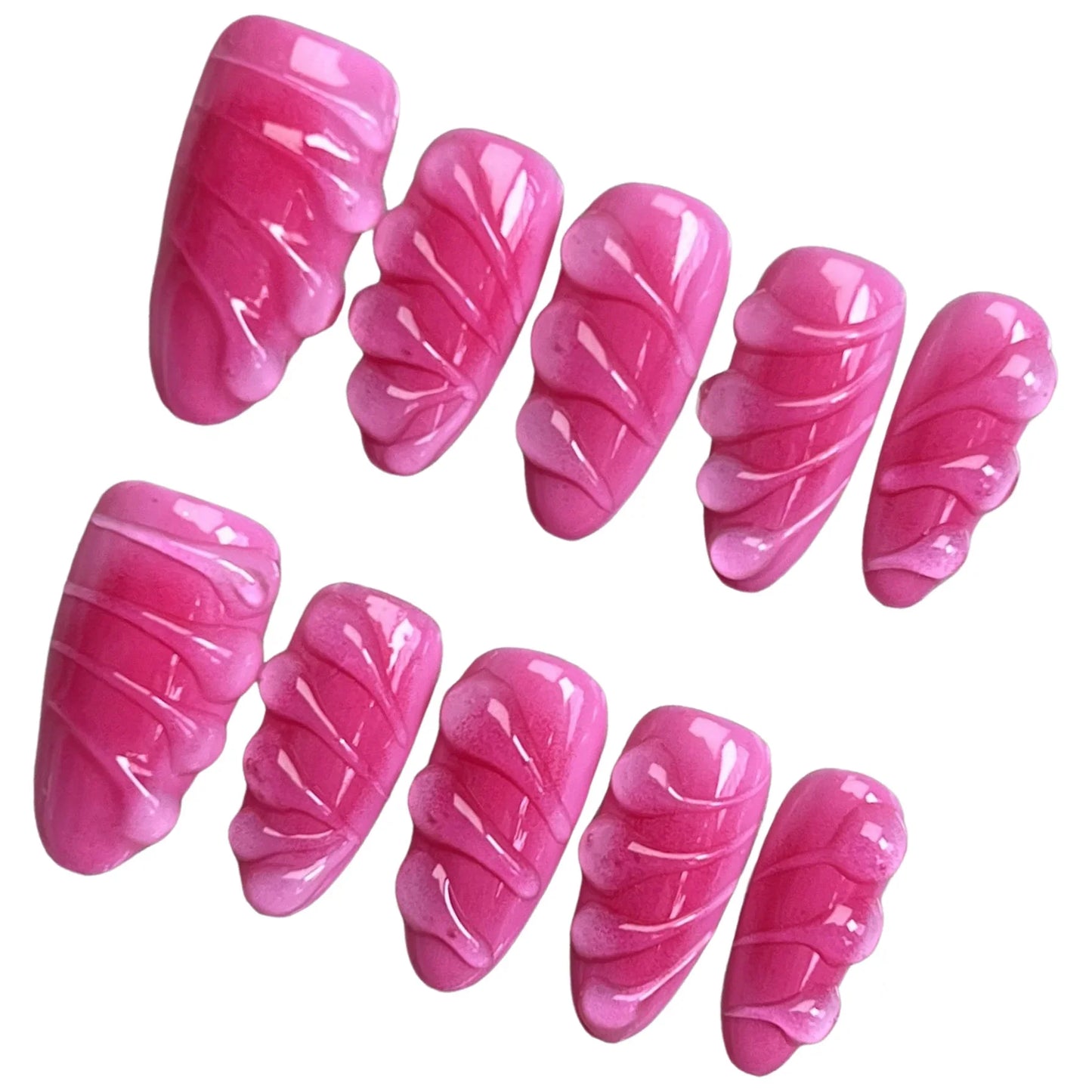 10 uñas postizas hechas a mano con diseño de gotas de agua en 3D, color rosa, almendra brillante, reutilizables, para salón de belleza.