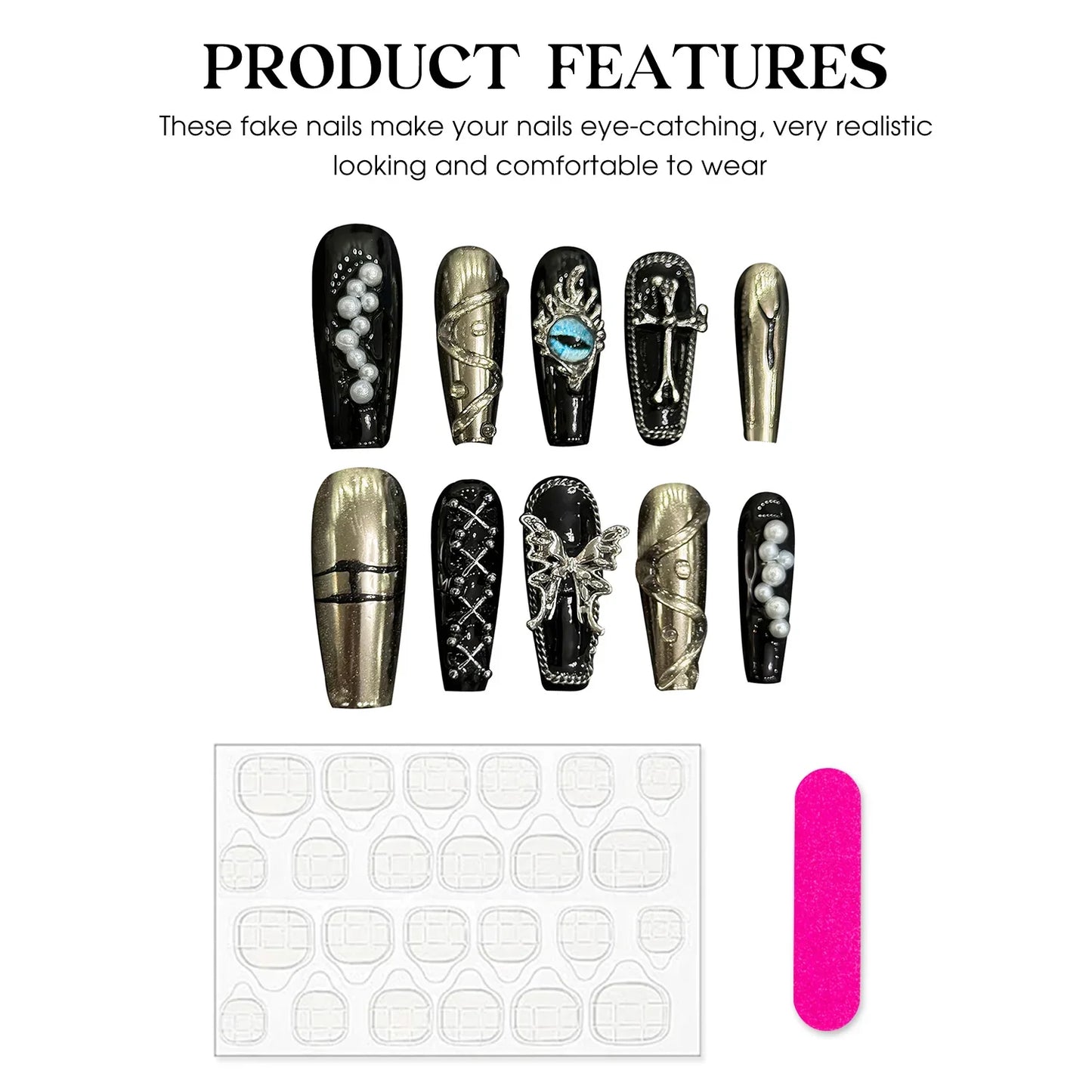 10 uñas postizas negras oscuras hechas a mano, de longitud media, estilo Y2k, con diseños de mariposas, cruces y perlas de metal, parches para uñas postizas.