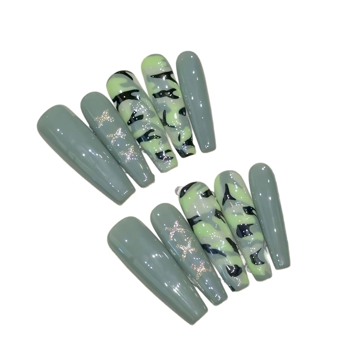 10 parches de uñas postizas largas color verde militar, estilo bailarina, para primavera y verano, fáciles de usar, hechos a mano, con cobertura completa, para manicura artística.