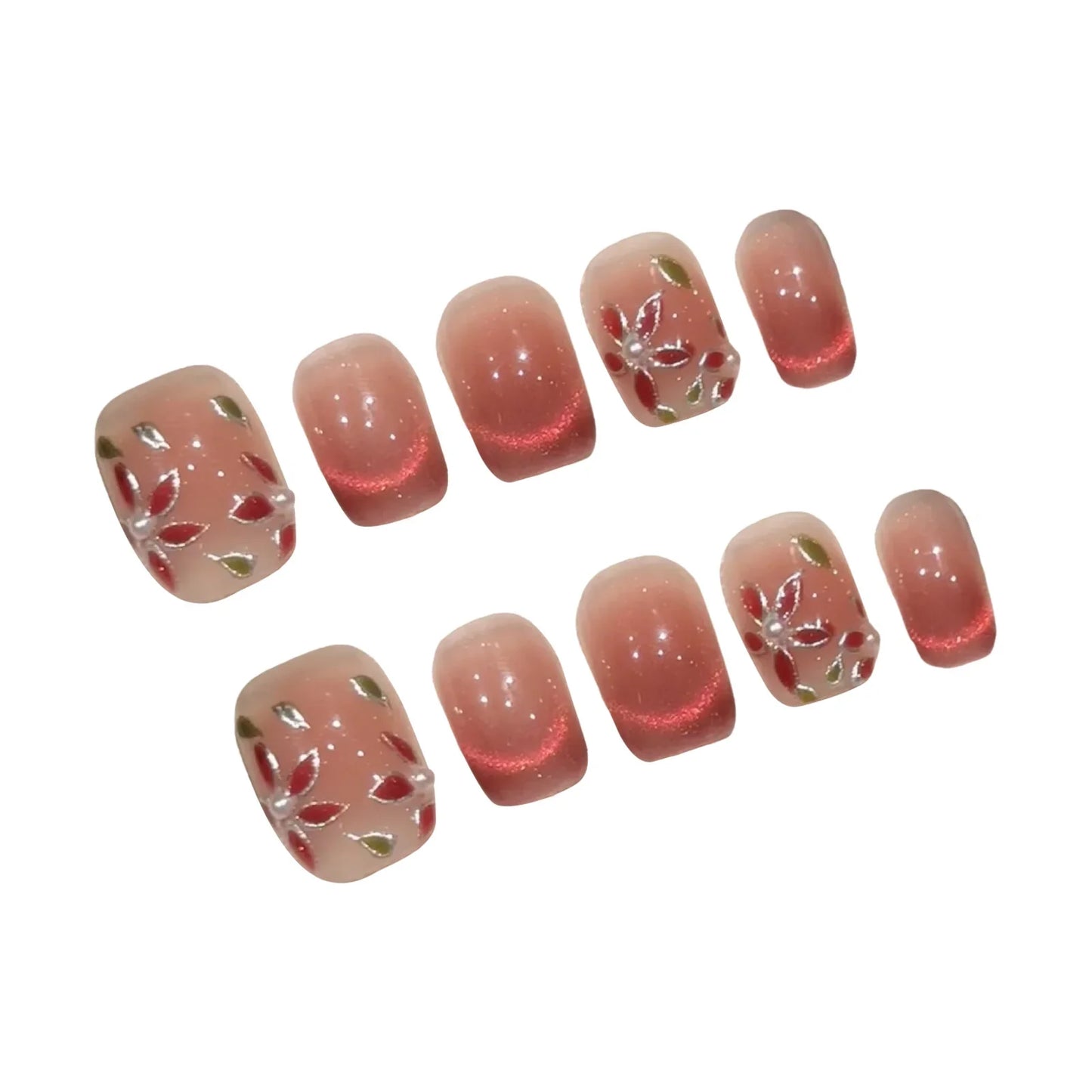 10 uñas postizas de ojo de gato rosa brillante, pintadas a mano, con diseño de flor de pera, cobertura completa, estilo coreano, fáciles de usar.