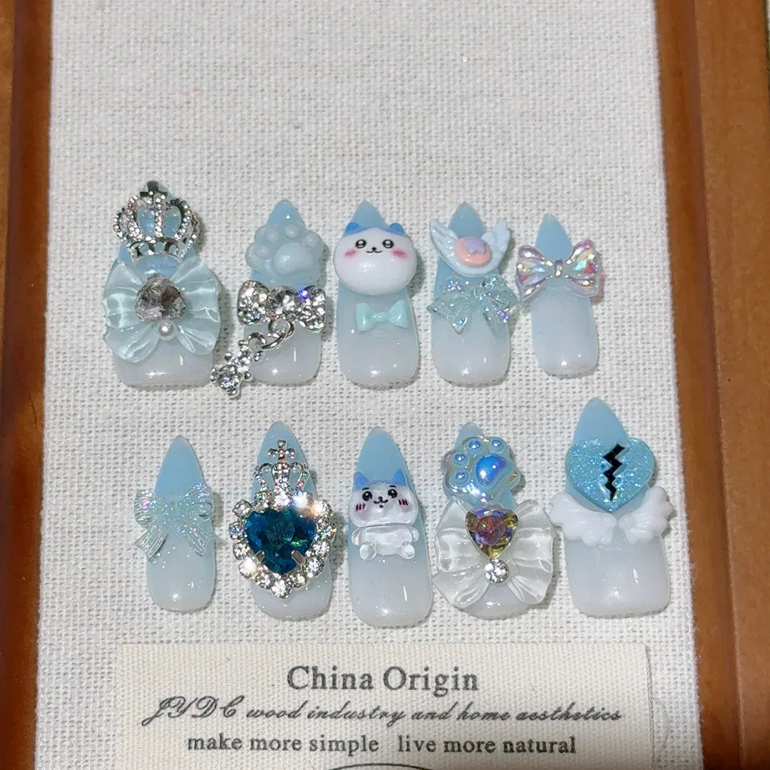 10pcs Handmade Press On Nails Four Color French Style Long-poined False Nails Metal Bows Diamond Cute Cartoon Decor Fake Nail