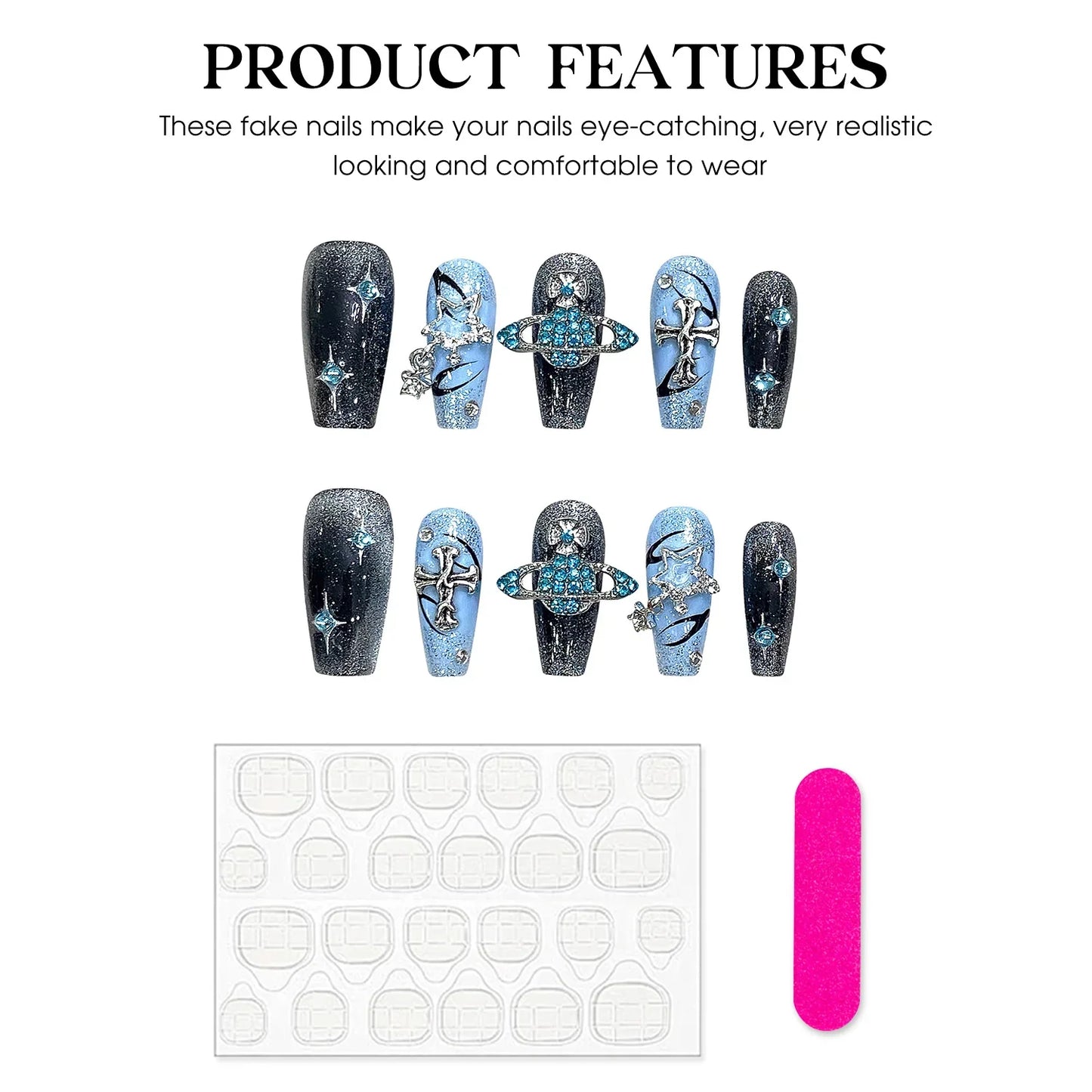 10 uñas postizas estilo Y2k, hechas a mano, en azul brillante, con diseños de cruz de diamantes brillantes, uñas postizas desmontables.