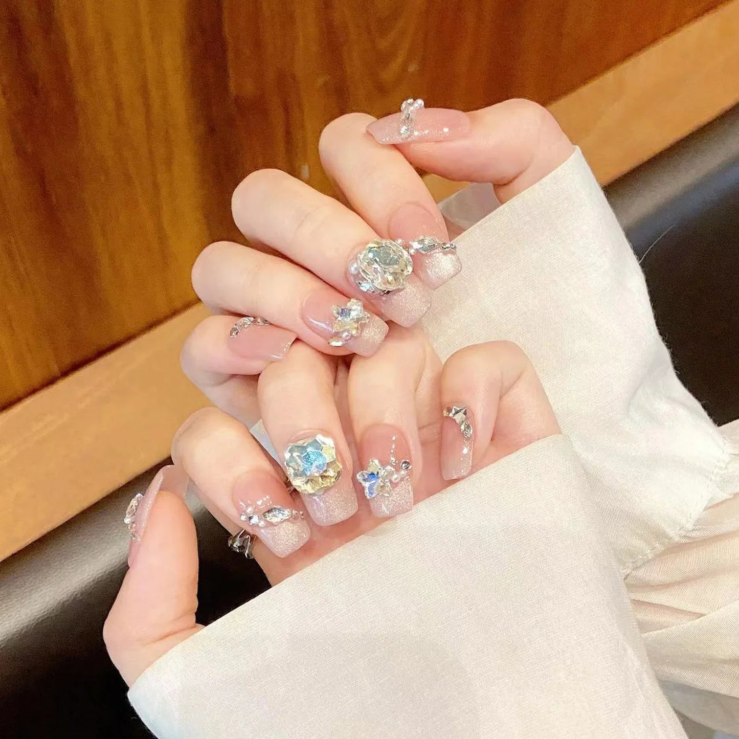 10 uñas postizas de lentejuelas con diseño de ojo de gato, hechas a mano, color rosa, con diseños de diamantes brillantes, reutilizables, francesas.