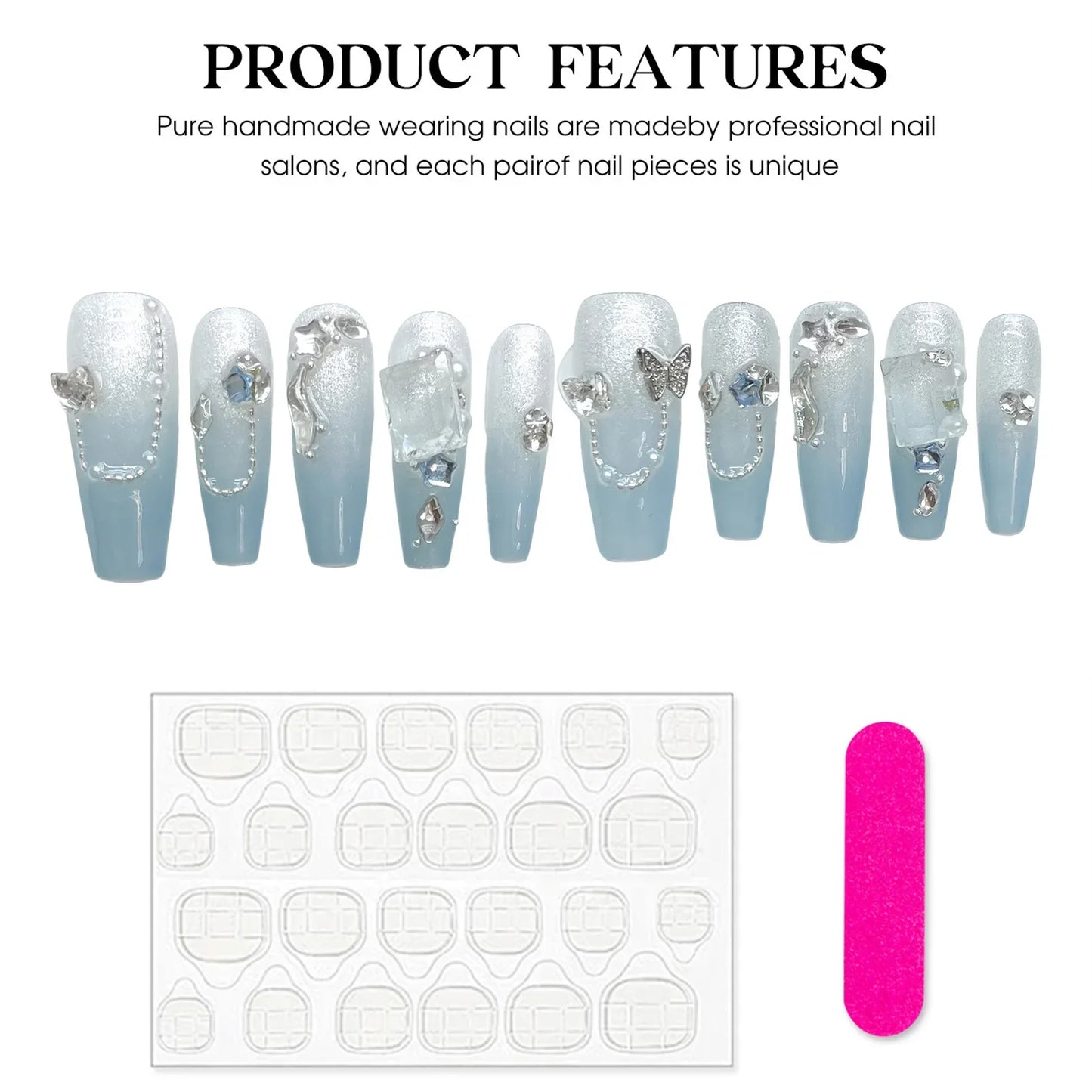 10 uñas postizas en degradado azul, hechas a mano, estilo francés, con cadena de destellos, decoración de diamantes de imitación, uñas postizas usables.