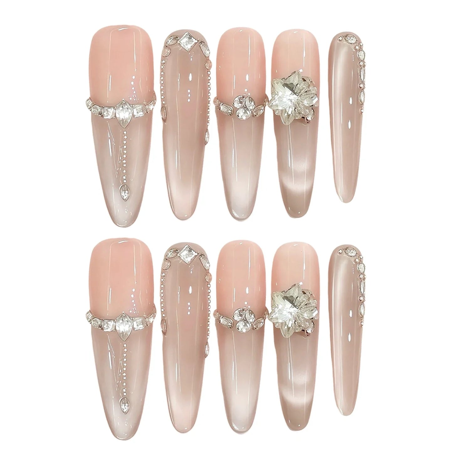 10 uñas postizas hechas a mano, color nude puro, ojo de gato, rosa claro, brillantes, estilo francés, para usar.