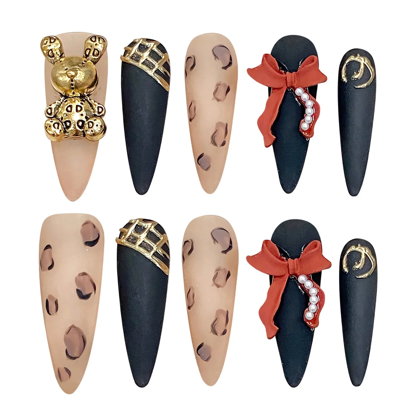 10 uñas postizas con estampado de leopardo, diseño de oso dorado 3D, lazo rojo, estilo barroco, hechas a mano, de lujo, largas y pesadas, con punta de aguja.