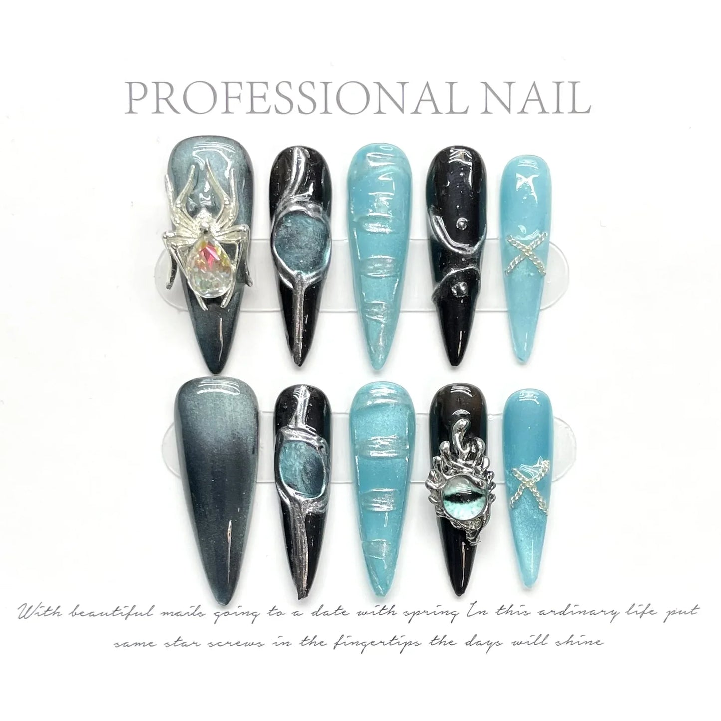 10 uñas postizas largas Y2k con punta de aguja, diseño de corazón y cruz de metal negro degradado, hechas a mano, para manicura DIY.