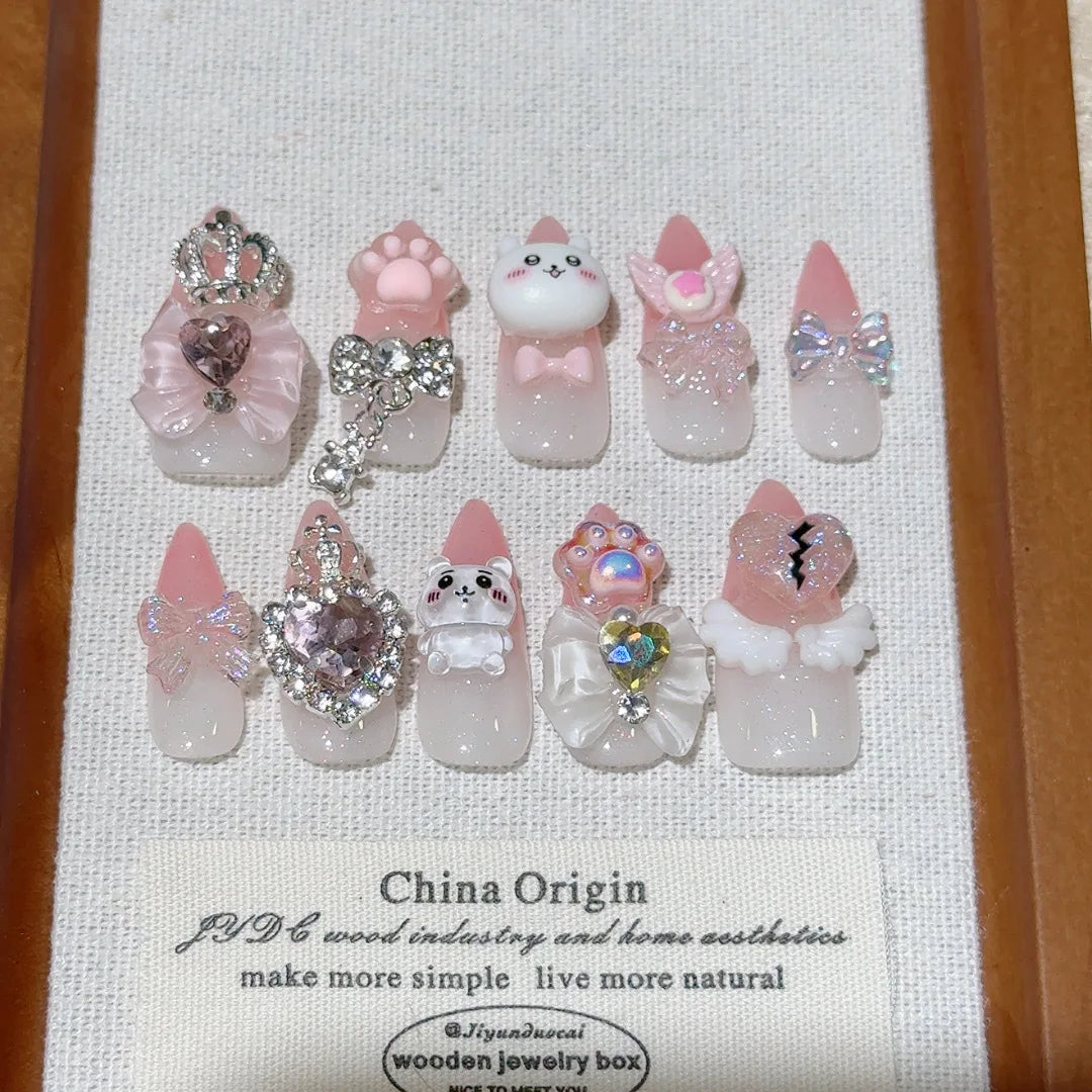 10pcs Handmade Press On Nails Four Color French Style Long-poined False Nails Metal Bows Diamond Cute Cartoon Decor Fake Nail