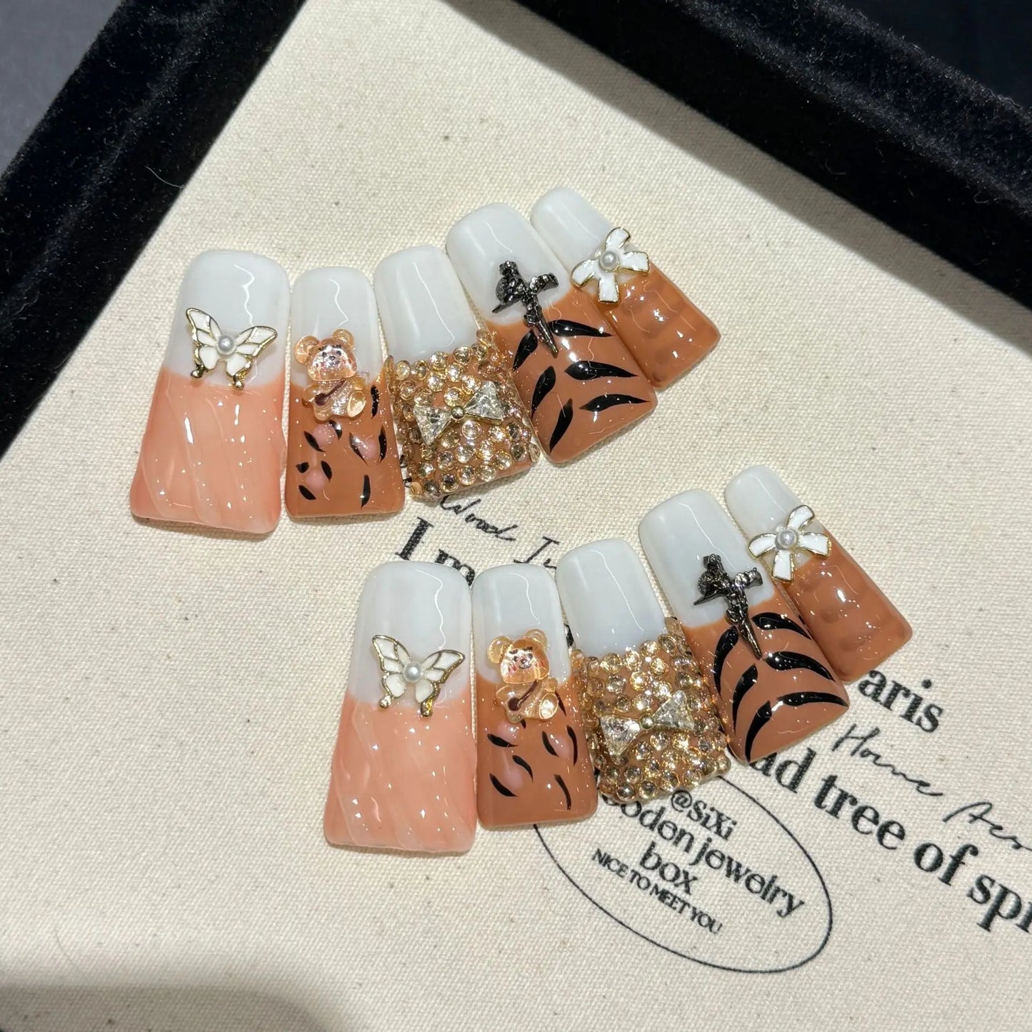 10 uñas postizas francesas con degradado verde, diseño 3D de oso, lazos, perla, estrella, corazón, decoración, hechas a mano, manicura de pico de pato.