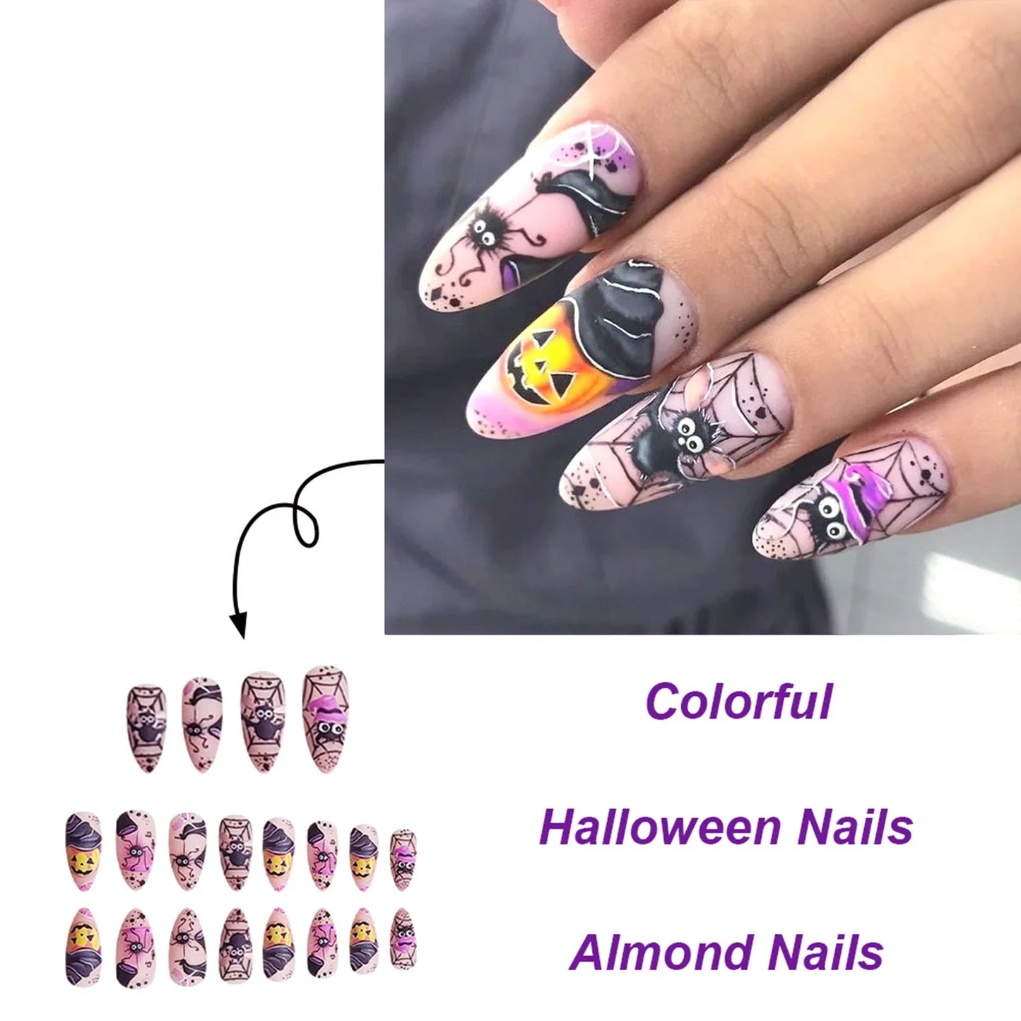 24 parches de uñas postizas de almendra para usar, con temática de Halloween, con diseño de araña bailando, murciélago y calabaza, manicura DIY.