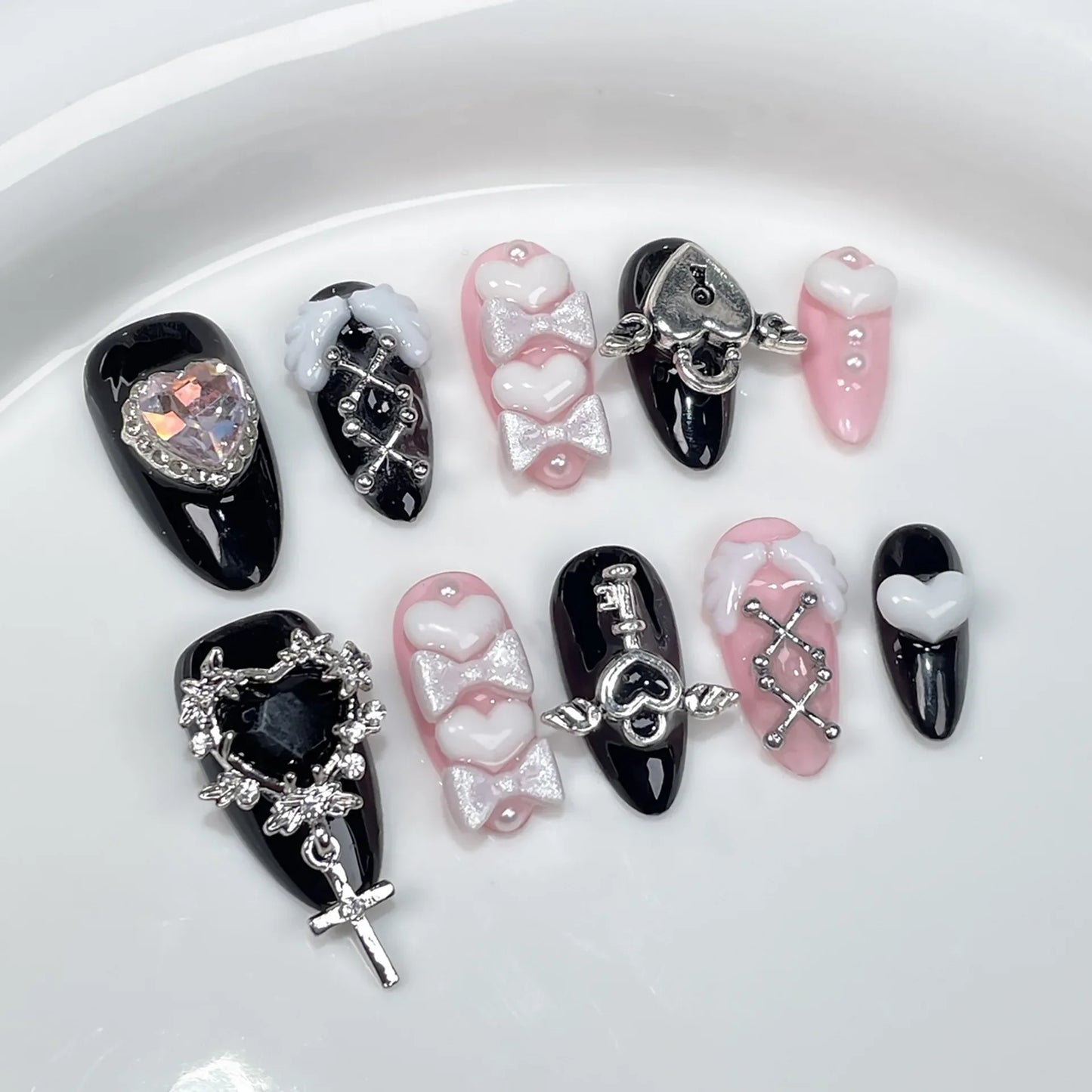 10pcs Blush Pink Fake Nail Patches Handmade Pearl Love Heart Press On Nails Planet Cross Designs Detachable Almond