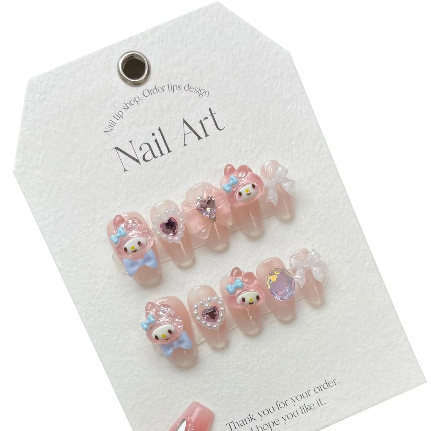 10 uñas postizas hechas a mano, color rosa claro, con diseño de dibujos animados, parches con lazos 3D y perlas, puntas de uñas postizas coreanas.