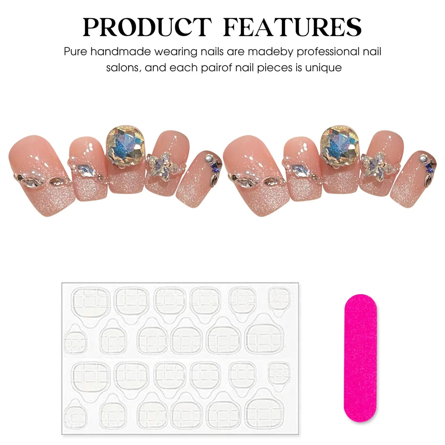 10 uñas postizas de lentejuelas con diseño de ojo de gato, hechas a mano, color rosa, con diseños de diamantes brillantes, reutilizables, francesas.
