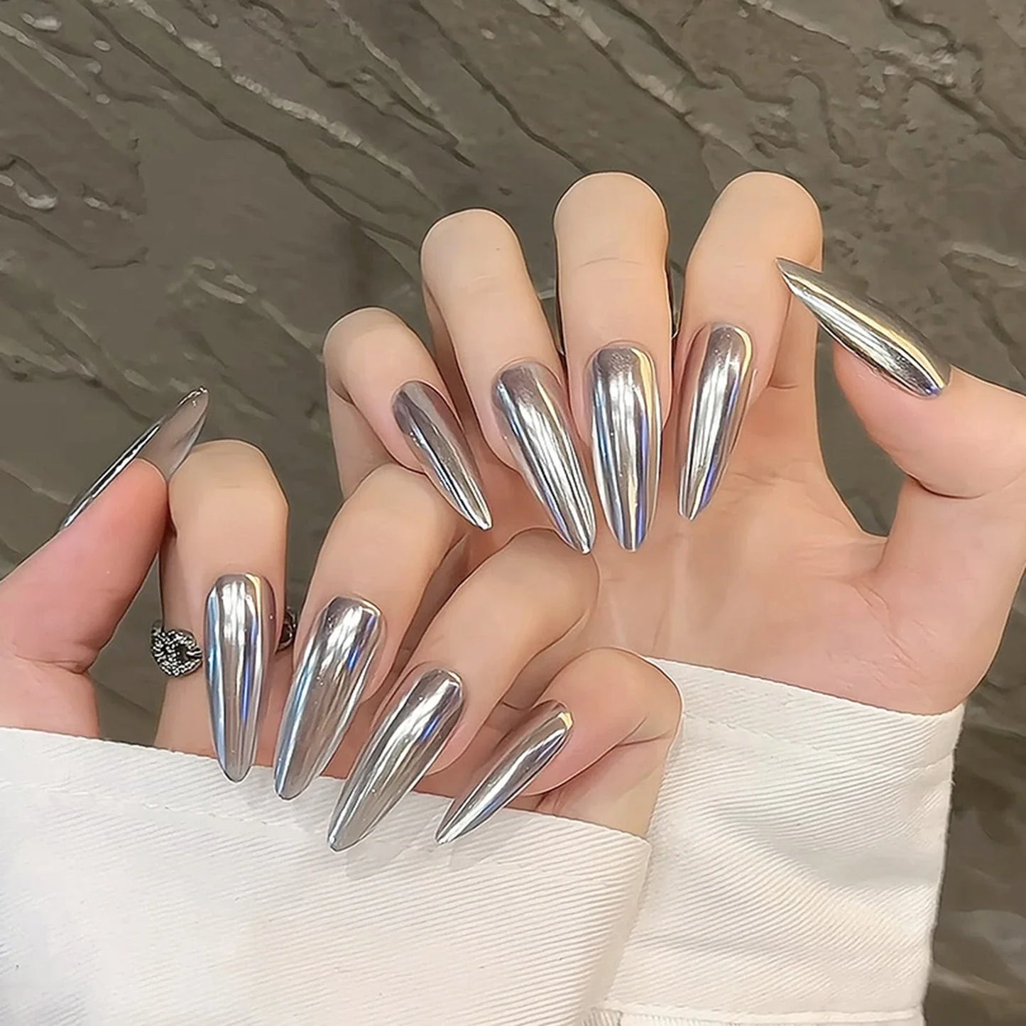 10 uñas postizas plateadas hechas a mano, brillantes, largas, almendradas, cobertura completa, estilo bailarina, para niñas.