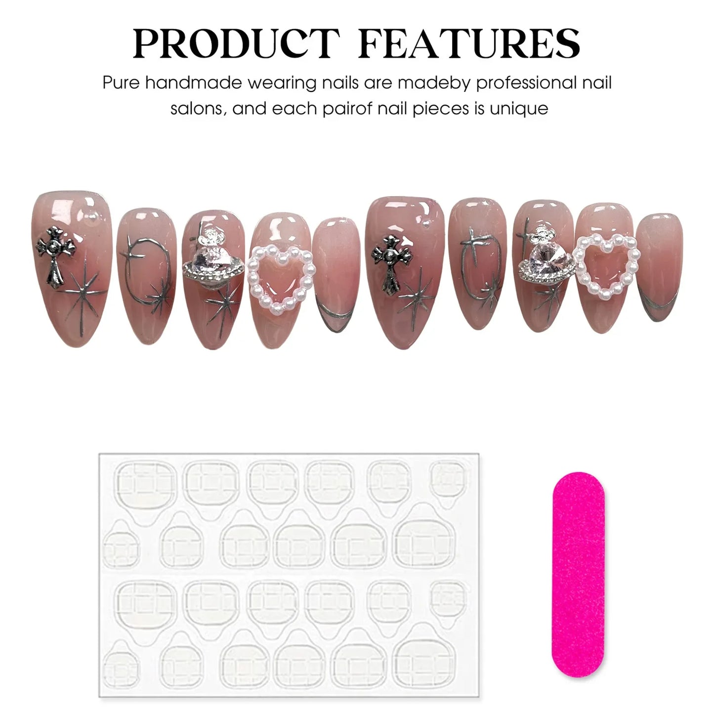 10pcs Blush Pink Fake Nail Patches Handmade Pearl Love Heart Press On Nails Planet Cross Designs Detachable Almond